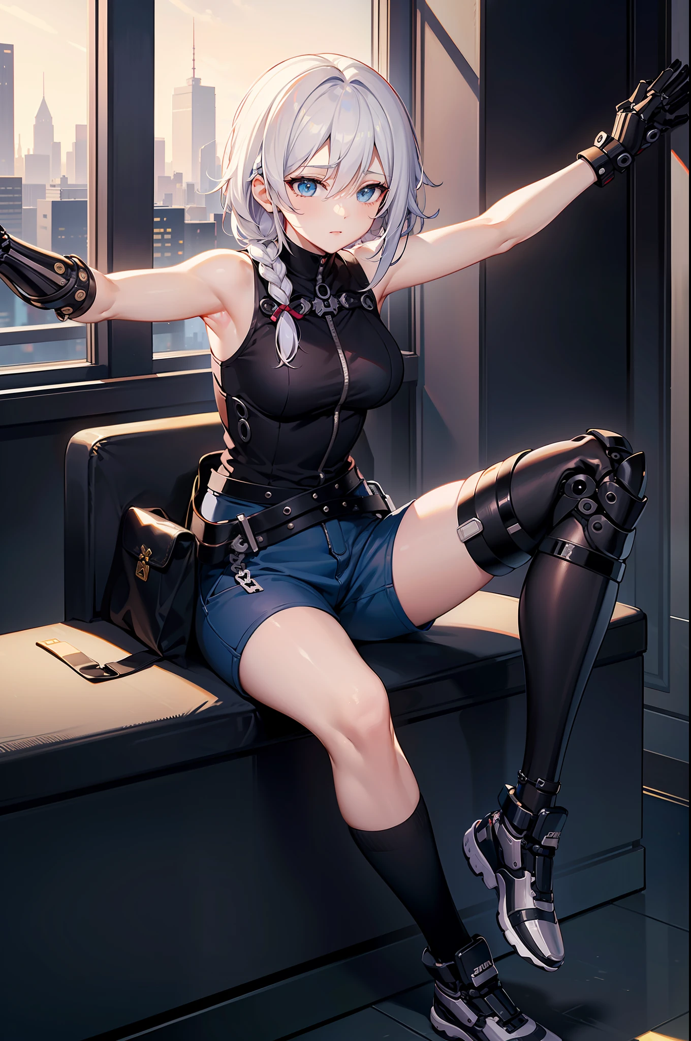 Masterpiece, Best quality, Masterpiece,Best quality,officlal art,Extremely detailed CG unity 8k wallpaper, golden hour lighting, strong rim light, strong shadows, in the cyberpunk city, artbook, Medium hair, White hair, braided, Blue eyes, Medium breasts, Sleeveless shirt, short pant, kneehighs, ((((Black mechanical leg 1.2))), jitome, Half-closed eyes, :t, ((short braid)),with open arms,long sidekicks,hair between eyes,Sitting,straight-on
