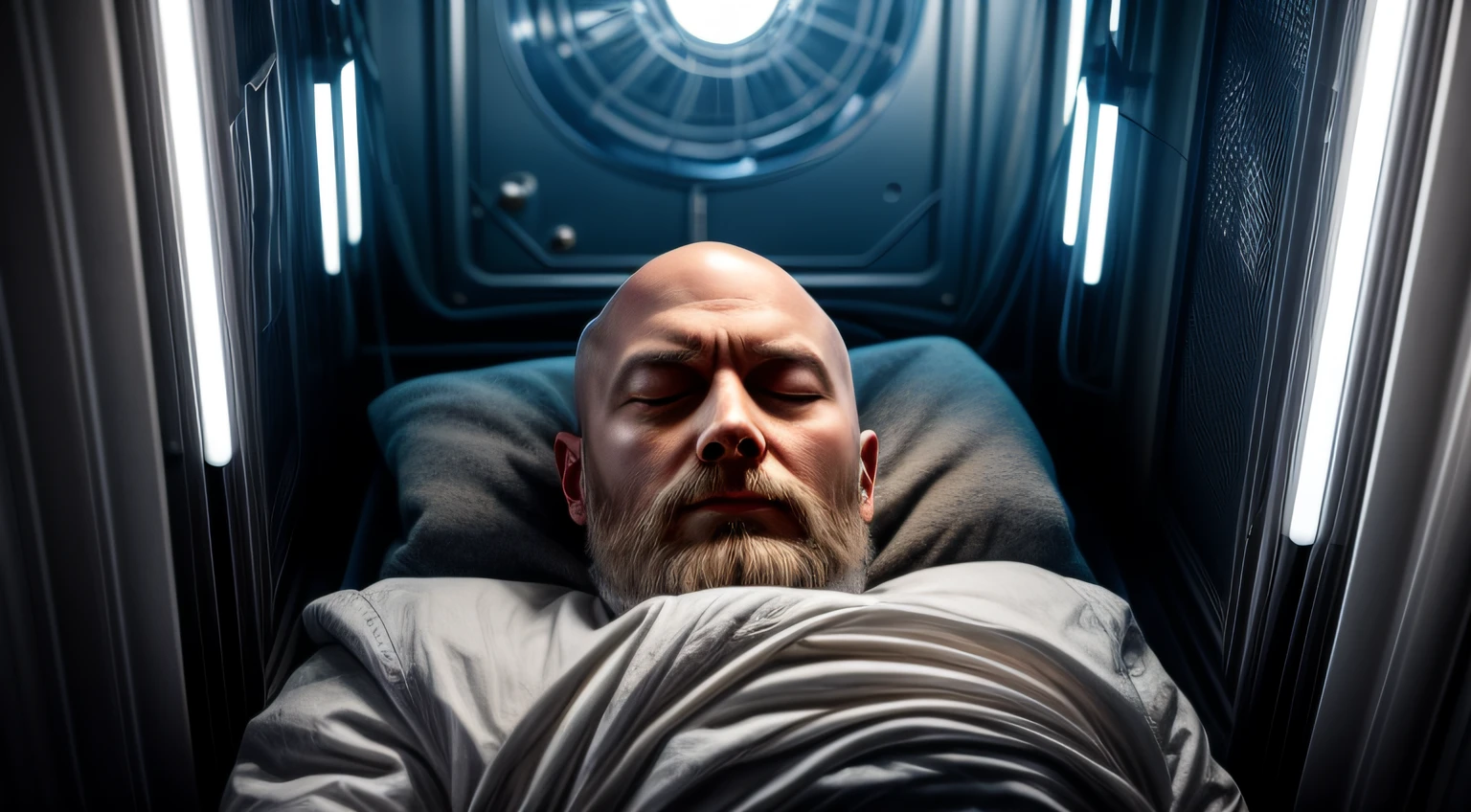 Transport yourself to a futuristic laboratory in the year 2122, where a cryogenic chamber holds the preserved body of a man frozen for a century. As the technology finally allows for his revival, the image should capture the pivotal moment of his awakening. Show the man inside the transparent chamber, his eyes closed in deep slumber. Surround the scene with advanced machinery, glowing lights, and a sense of anticipation for his reentry into a world unimaginably changed. The man is bald and has his eyes closed. He is standing up.