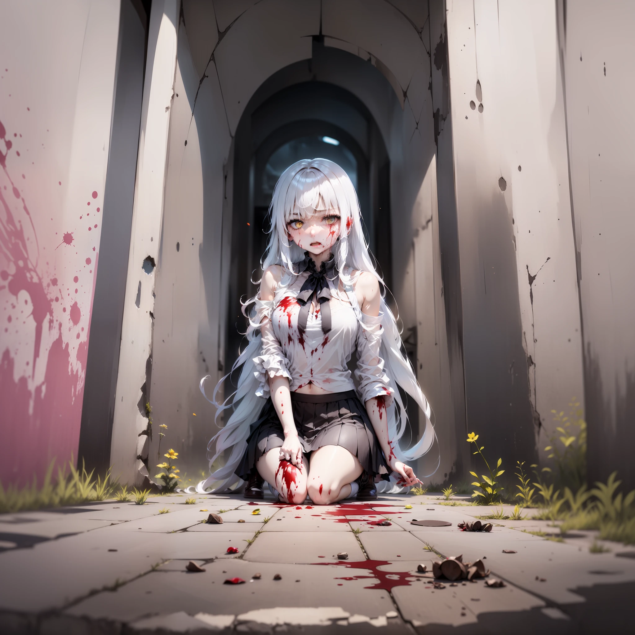 The white-haired girl in a skirt covered in blood lay on the ground