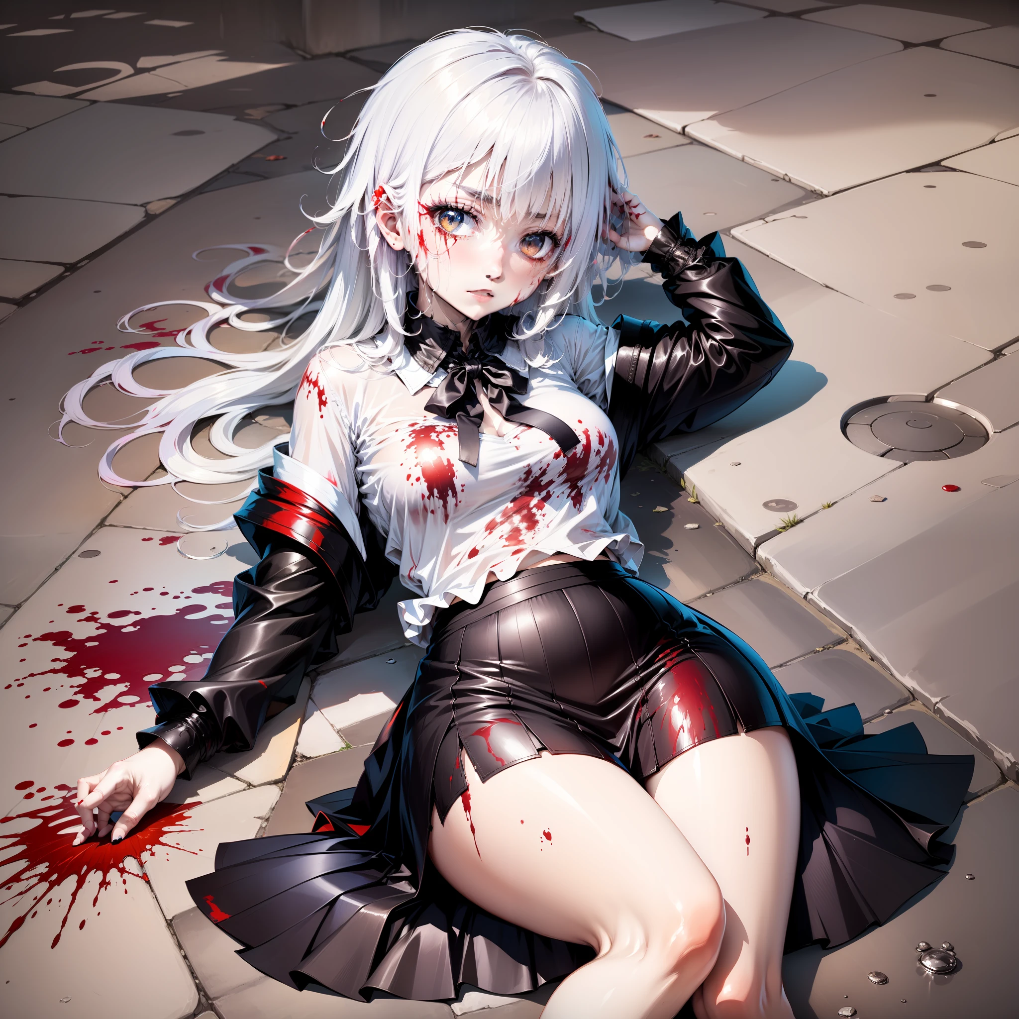 The white-haired girl in a skirt covered in blood lay on the ground