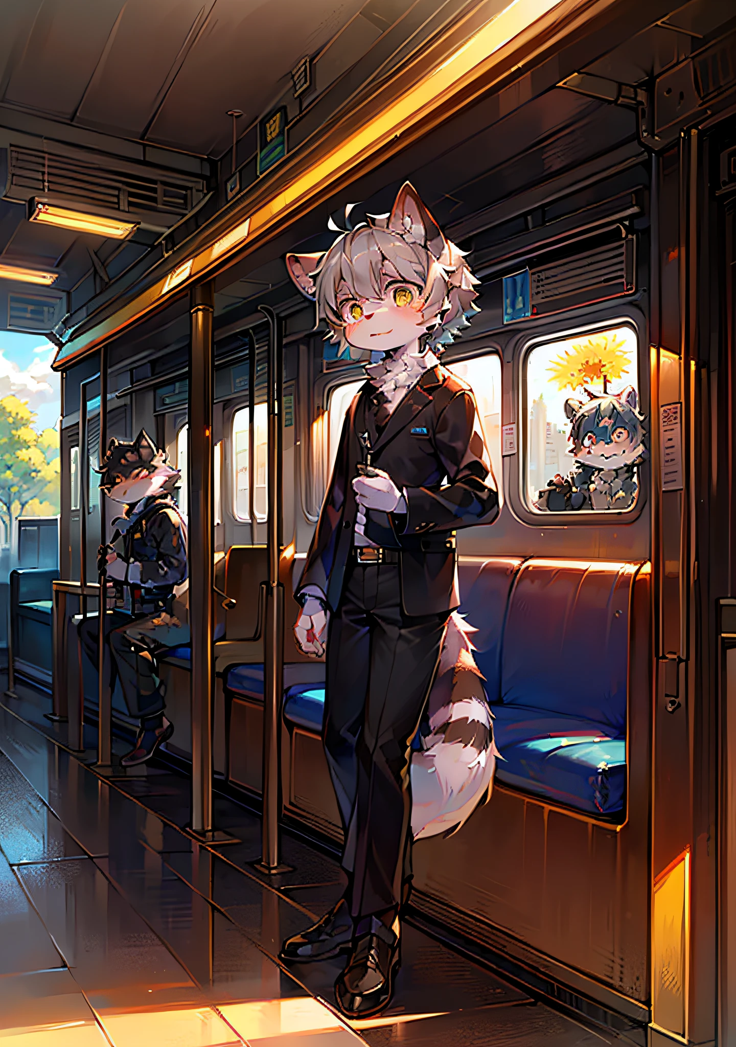 (Sunny environment:1.5),Masterpiece,high qualit,abstract res,digtial painting\(artworks\), By Dagasi, Yupa,Kiyosan,(anthro,Fluffy fur,Character focus:1.1),anthro male cat,brush cut,portrait , Bright eyes, View of whole room, Character focus.(Detailed background:0.7), 独奏, shaggy, Hairy male, Male focus, anthr,(Full body fur, Fluffy tail, Gray-brown fur, Yellow-blue heterogeneous pupils, Gray hair:1.2), (Raccoons of the family Raccoons,Black berets,Black satchel:1.2),(Train station,train:1.1)