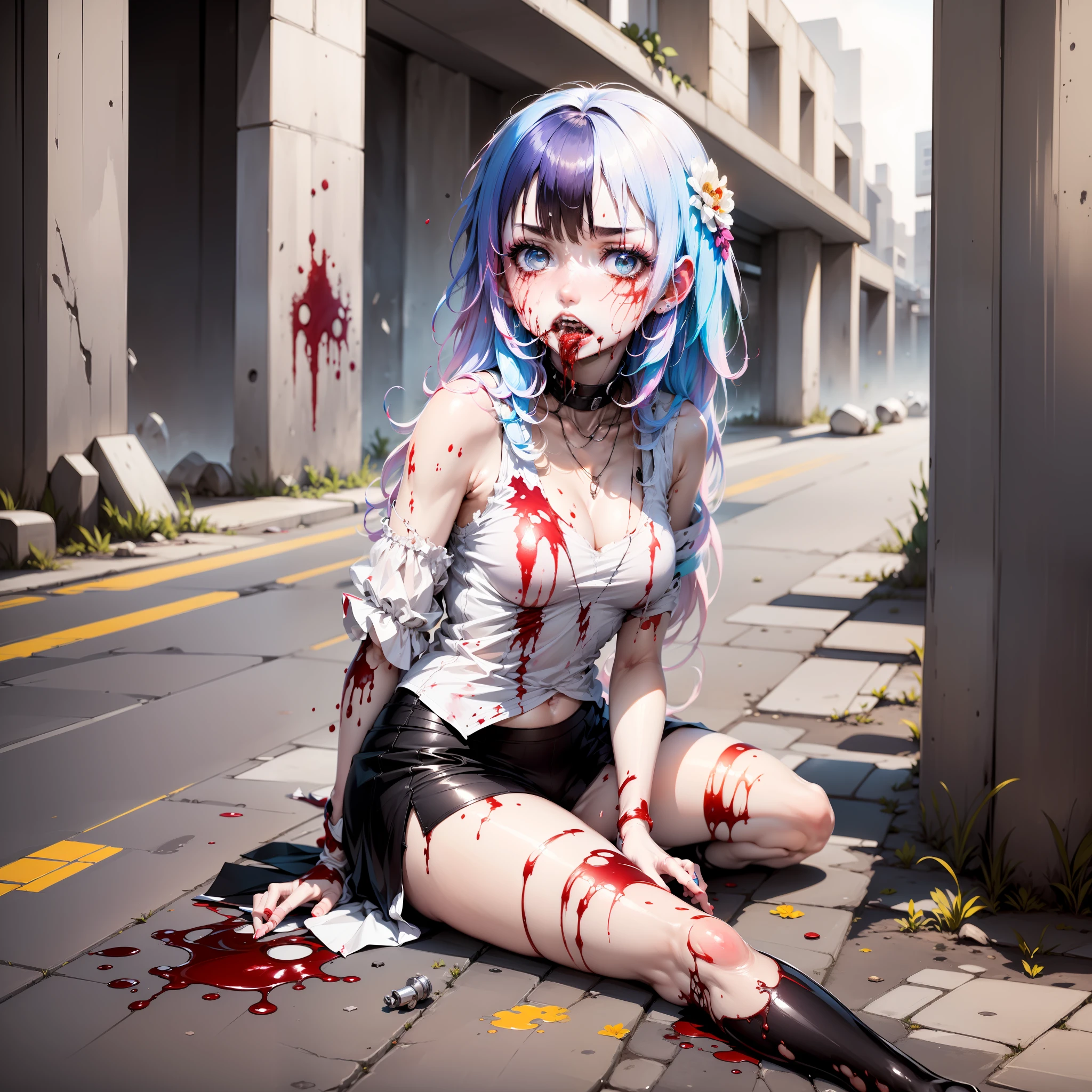 The girl covered in blood lay on the ground, bleeding from the corners of her mouth