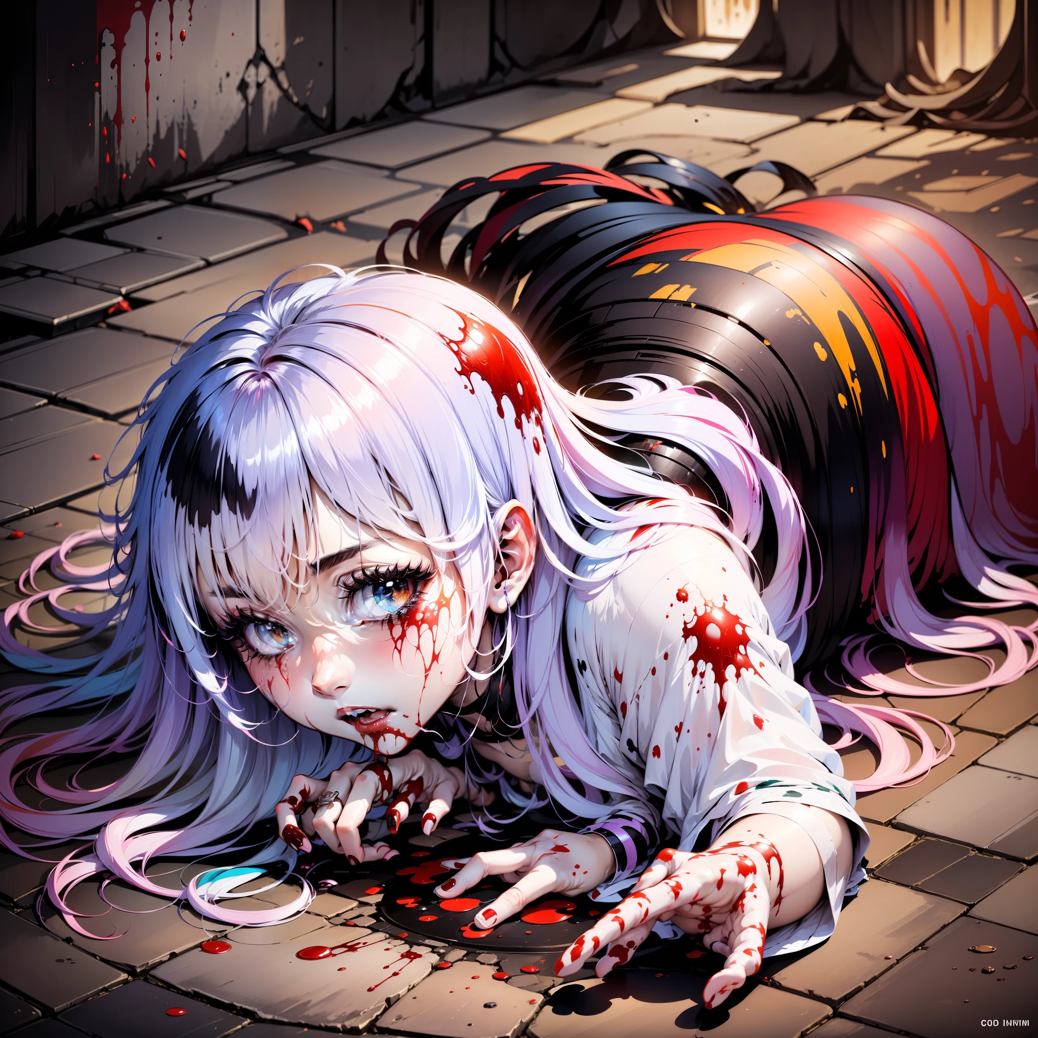 The girl covered in blood lay on the ground