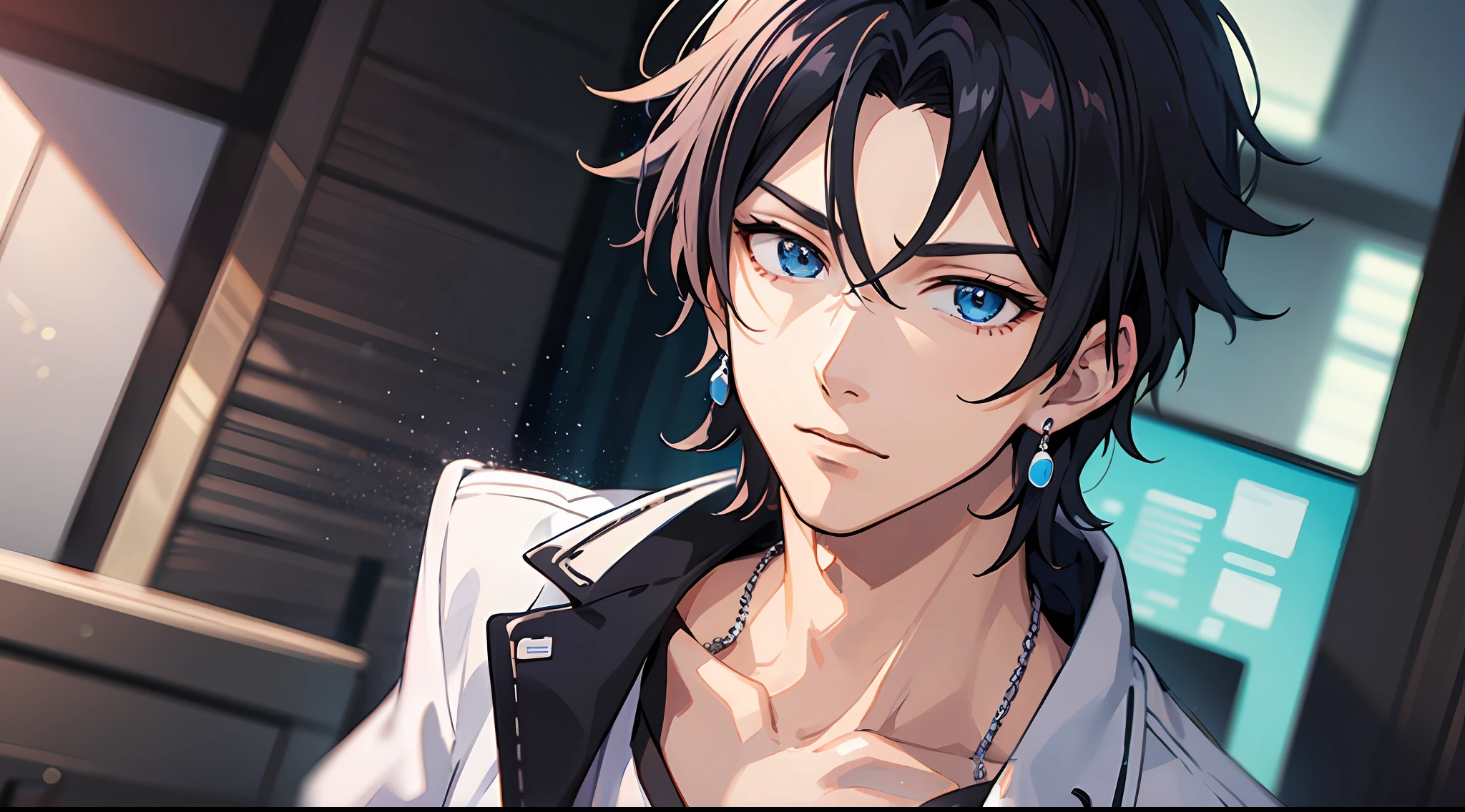 Anime character in white T-shirt standing in the living room of the villa，Tall anime man with blue eyes，young anime man，Anime handsome man，Anime portrait of a handsome man，Anime moe art style，Male anime style，inspired by Okumura Masanobu，male anime character，Anime boys，High quality anime art style，Handsome anime pose，Smooth anime CG art，with short black hair，Black stud earrings，Holding a set of silver needles for acupuncture in his hand，Time is at night