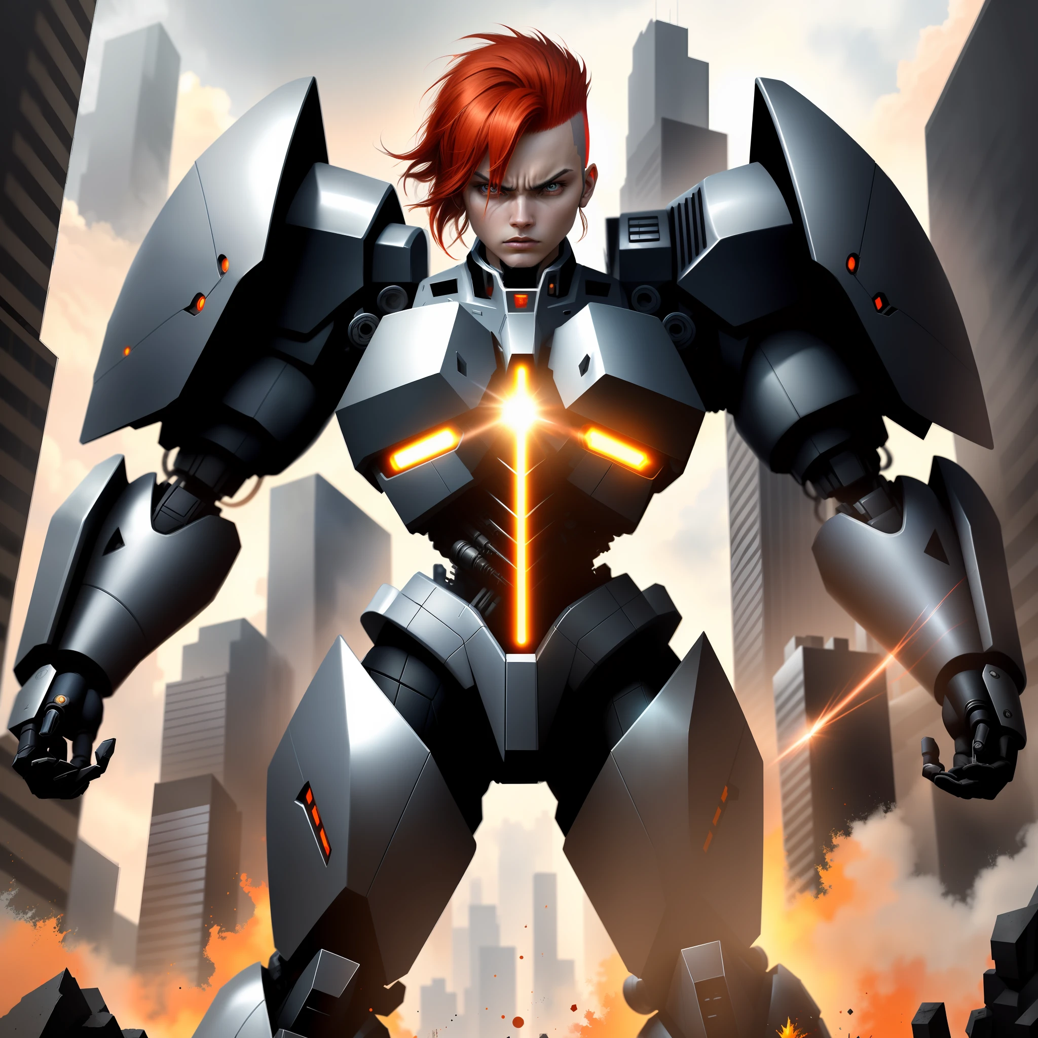 mecha woman warrior (Masterpiece 1.5, intense details), wearing mecha armor intense details (Masterpiece 1.5, intense details), visible head, blond hair, shooting gun, at city (Masterpiece 1.5, intense details), in a future urban setting (Masterpiece 1.5, intense details), red hair, mohawk, beret, angry, Futurism (Masterpiece 1.5, intense details), modern, Op art, Realism (Masterpiece 1.5, intense details), Action painting, motion blur, sparkle, glowing light, ray tracing, silhouette, wide shot, panorama, Ultra-Wide Angle, award winning, best quality, HD, 4K, high details