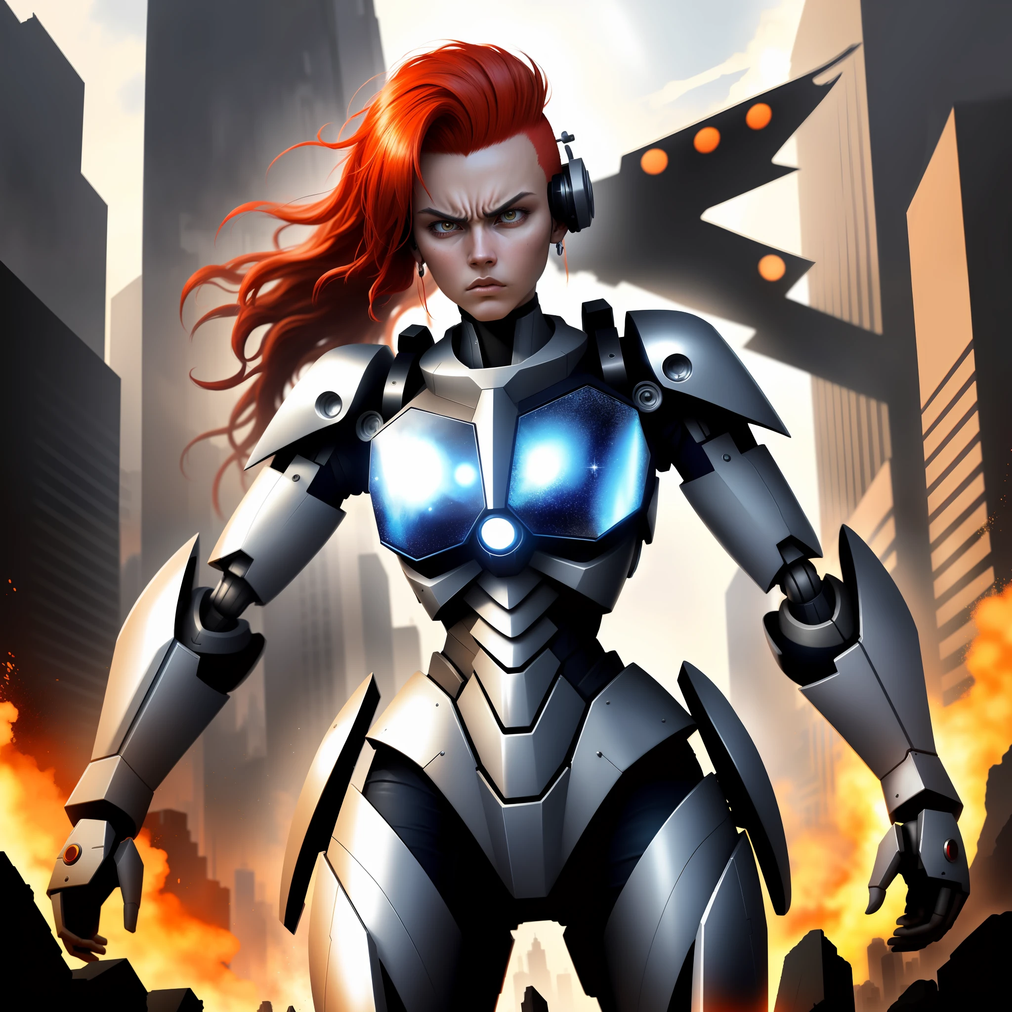 mecha woman warrior (Masterpiece 1.5, intense details), wearing mecha armor intense details (Masterpiece 1.5, intense details), visible head, blond hair, shooting gun, at city (Masterpiece 1.5, intense details), in a future urban setting (Masterpiece 1.5, intense details), red hair, mohawk, beret, angry, Futurism (Masterpiece 1.5, intense details), modern, Op art, Realism (Masterpiece 1.5, intense details), Action painting, motion blur, sparkle, glowing light, ray tracing, silhouette, wide shot, panorama, Ultra-Wide Angle, award winning, best quality, HD, 4K, high details