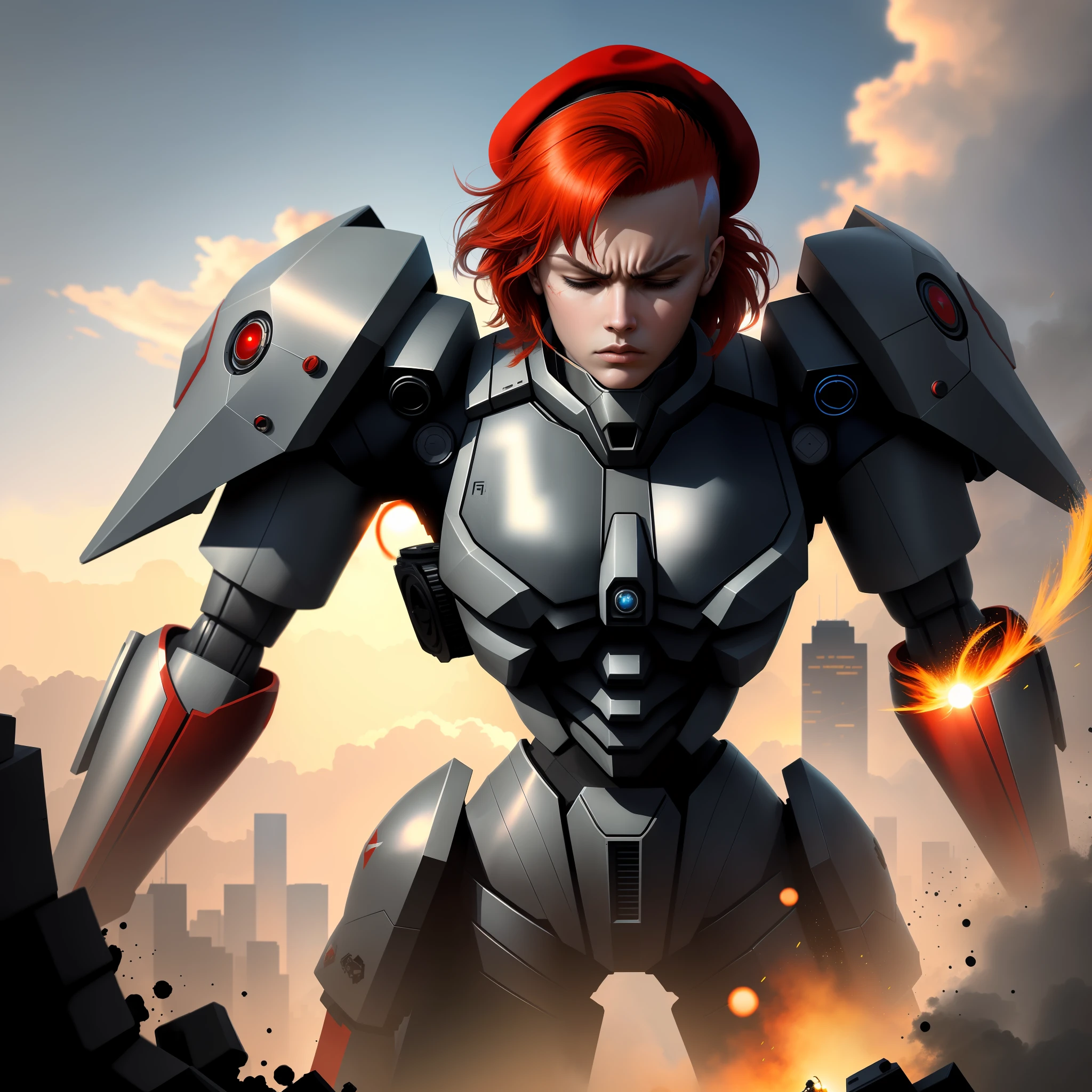 mecha woman warrior (Masterpiece 1.5, intense details), visible head, blond hair, shooting gun, at city (Masterpiece 1.5, intense details), in a future urban setting (Masterpiece 1.5, intense details), red hair, mohawk, beret, one eye closed, angry, Futurism (Masterpiece 1.5, intense details), modern, Op art, Realism (Masterpiece 1.5, intense details), Action painting, motion blur, sparkle, glowing light, ray tracing, silhouette, wide shot, panorama, Ultra-Wide Angle, award winning, best quality, HD, 4K, high details