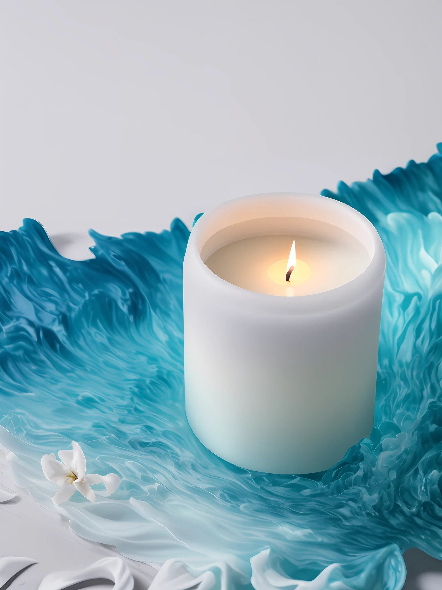 There was a candle lit with a large flame sitting on the blue carpet, candle wax, white candles, waxy candles, natural candle lighting, jasmine, white wax, waxy candles, high key, high - key, candle lit, white back ground, waxy candles, candle dripping white wax, soft texture, softly lit, is a stunning, high key, beautifully lit,sea waves，high-definition，Lifelike，Big flames，superrealistic，best qulity，8k，
