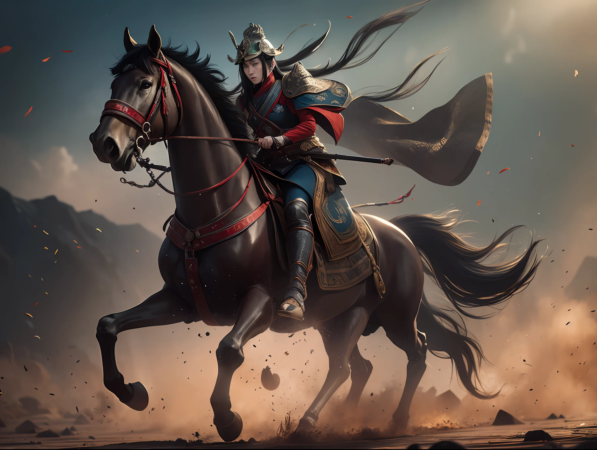 A general aged 20 years old, wearing armor, holding a spear in his hand, riding a war horse, fierce expression, fighting in an ancient Chinese battlefield, surrounded by many soldiers, fire, flags, smoke, 8K,strong facial expressions,in the style of animecore, chinapunk, portrait, oshare kei, calculated, dansaekhwa,Ancient China