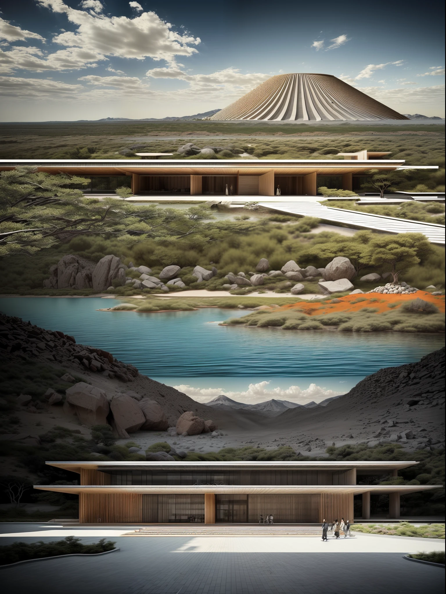 ((masterpiece, best quality)),illustration,ultra detailed 8k. (((An illustration of a build designed by Tadao Ando))), with a desertic vegetation garden, big rocks, lake,volcano in horizon, smooth clouds, (((illustration collage format))), Hergé's art style, (((multiple sections))), (orange, blue, olive green, grey, black and white)