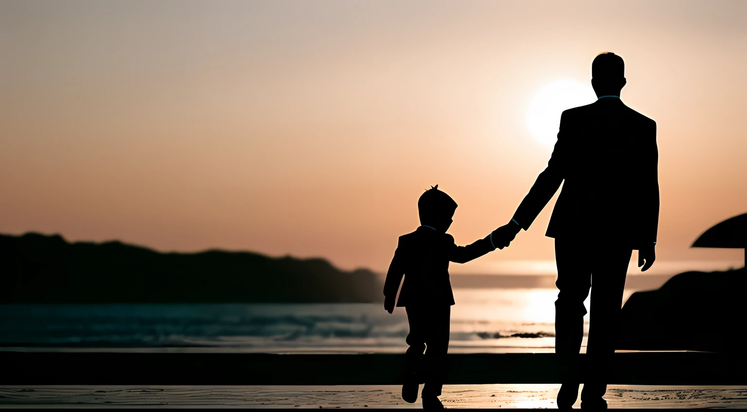 The silhouette of a father wearing a suit, holding the hand of a , taking a walk.