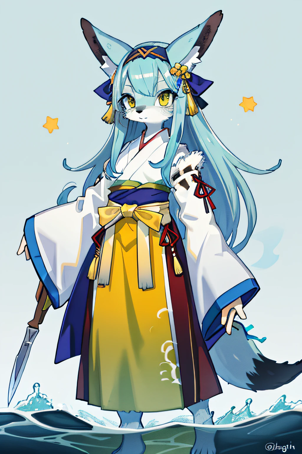 Pale blue body，White body，Light blue hair，Yellow, green and green hanfu，streamers，female，the fox，Detailed body fur，Glaive，Headbands，Cumbersome Hanfu，Low exposure，slong hair，Yellow pattern，Cumbersome hair accessories，water color style，Low nudity，Long skirt，Tang costume，Water sleeves，Hairy females，Furry Girl，Loose clothing