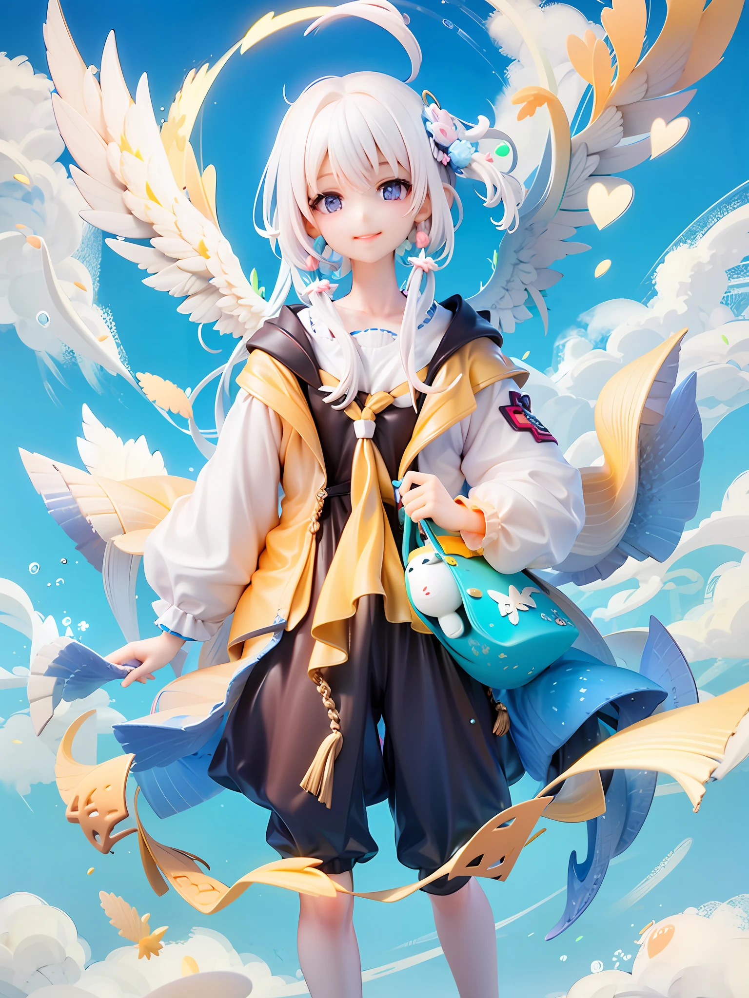 kawaii style, anime style, 1girl, angel, hali, white wings, white hair, floating, blue sky, standing in the sky, smile, face focus