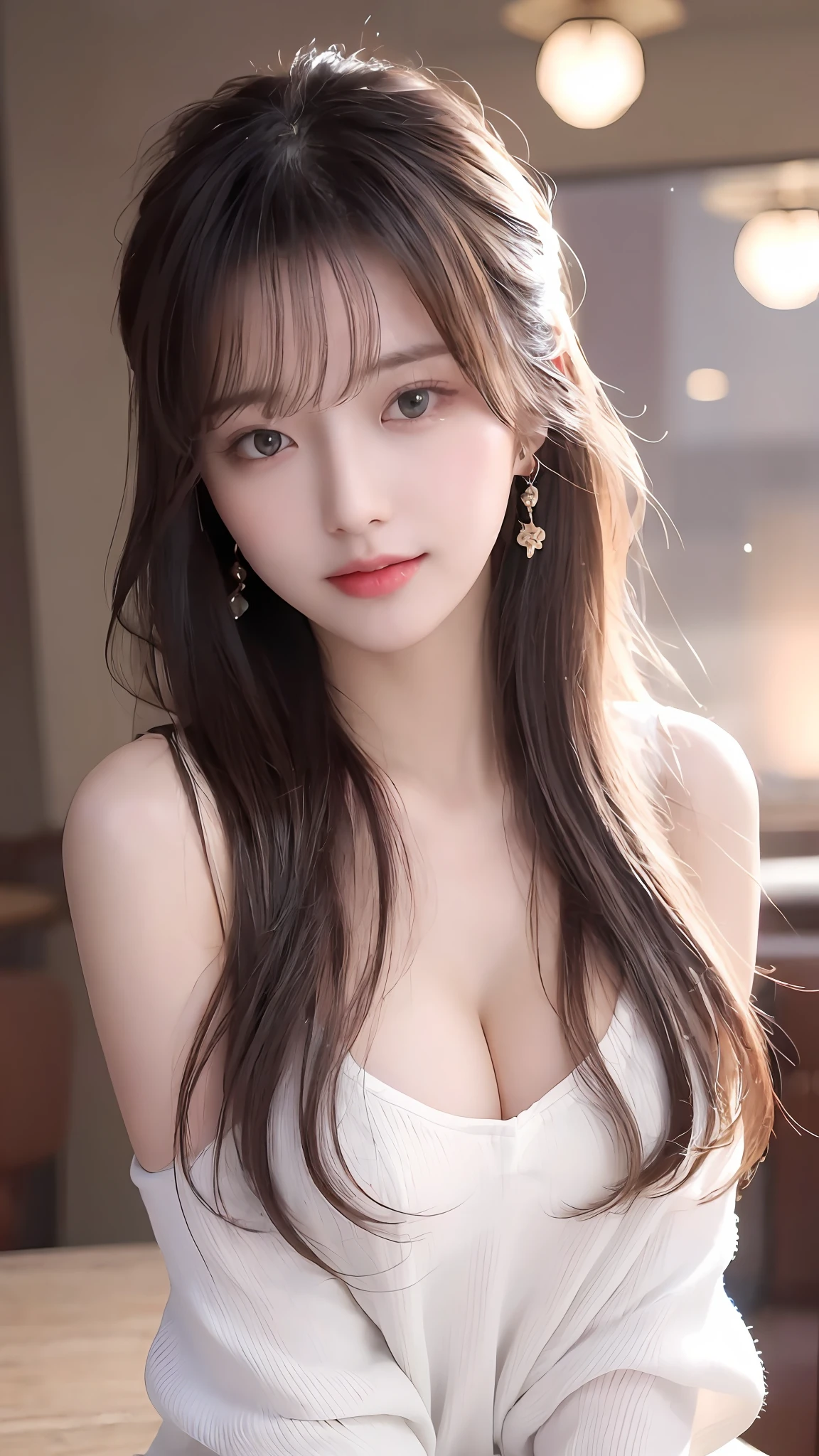 (realistic, high resolution:1.3), 1 girl with perfect figure, super fine face and eyes, long hair, tank top: 1.2 in random colors, short jeans, in a café, coffee on the table, big breasts, exposed cleavage