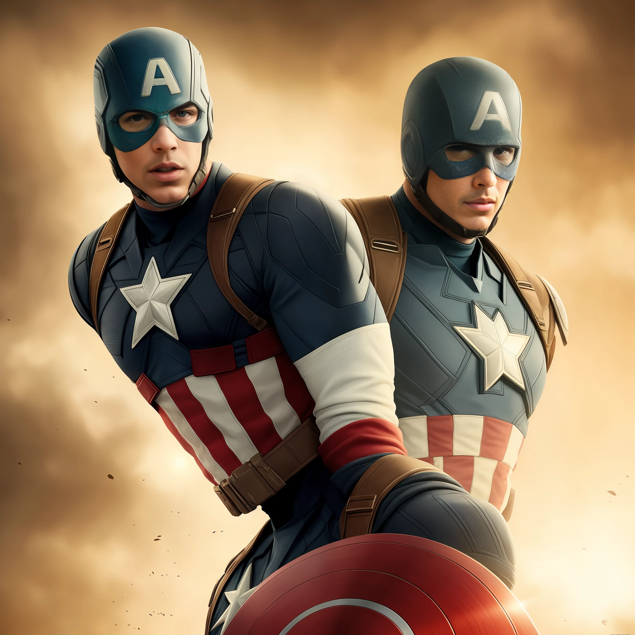 as Captain America 8k, hight definition, cara detallada, cara detallada, ojos detallados, traje detallado, al estilo de Marvel y DC, hiperrealista, + Cinematic shot + dynamic composition, Incredibly detailed, nitidez, detalles + Gorgeous details + noche con luz + perfeccionismo + realismo galardonado ((moody lighting)),(parte superior del cuerpo)