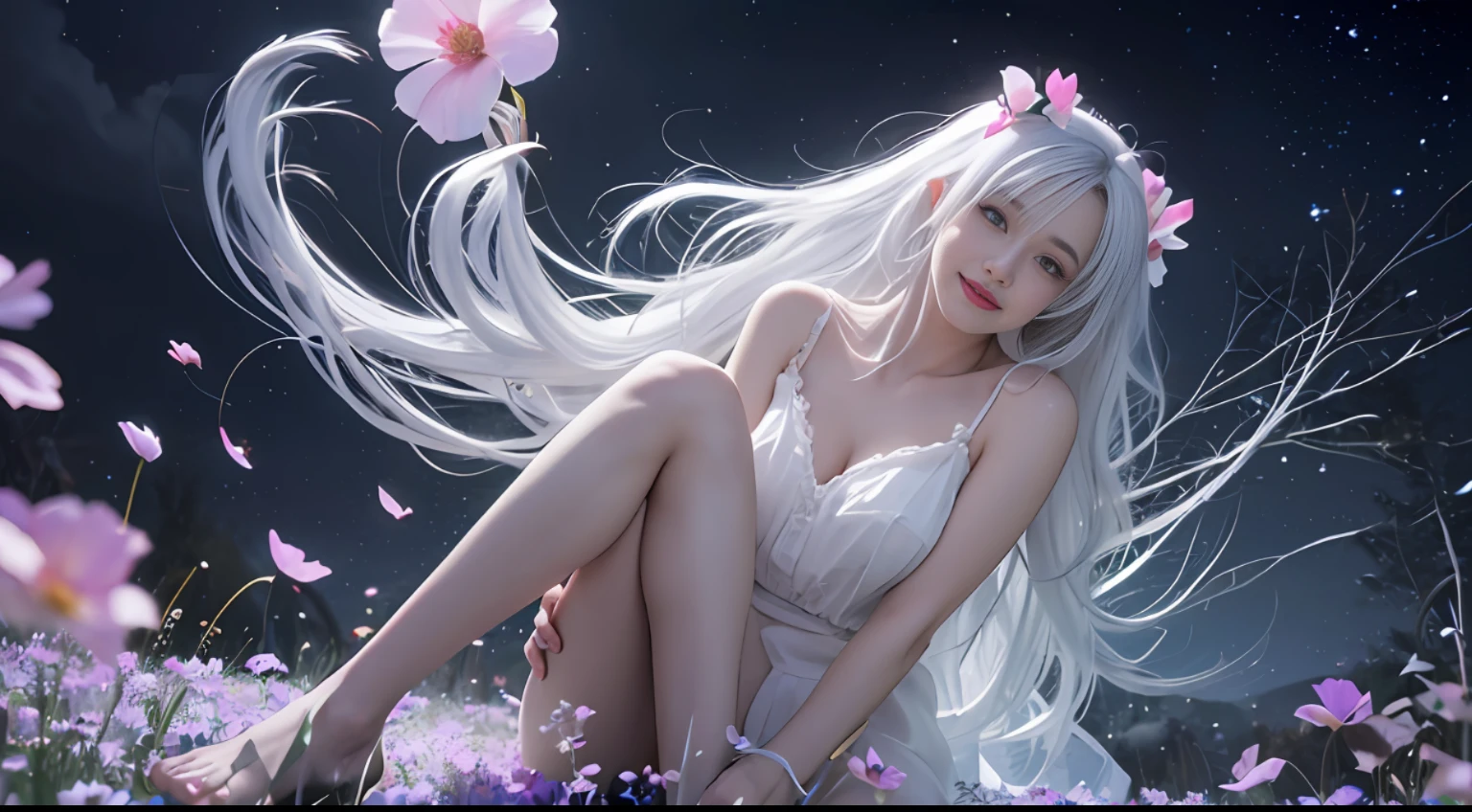 NSFW:1.5,Masterpiece, Best quality, 1girls, (Colorful),(delicate eyes and face), volumatic light, Ray tracing, Bust Up Shot ,Passing the eyes of God,Slender legs,Barefoot,Extremely detailed CG unity 8k wallpaper,独奏,Make a smile,((flying petal)),(Flower meadow) Sky, cloudy day_Sky,moon rays, Moon, night, (Dark theme:1.3), Light, fantasy, aeolian, magic sparks, dark castle,White hair,God's perspective