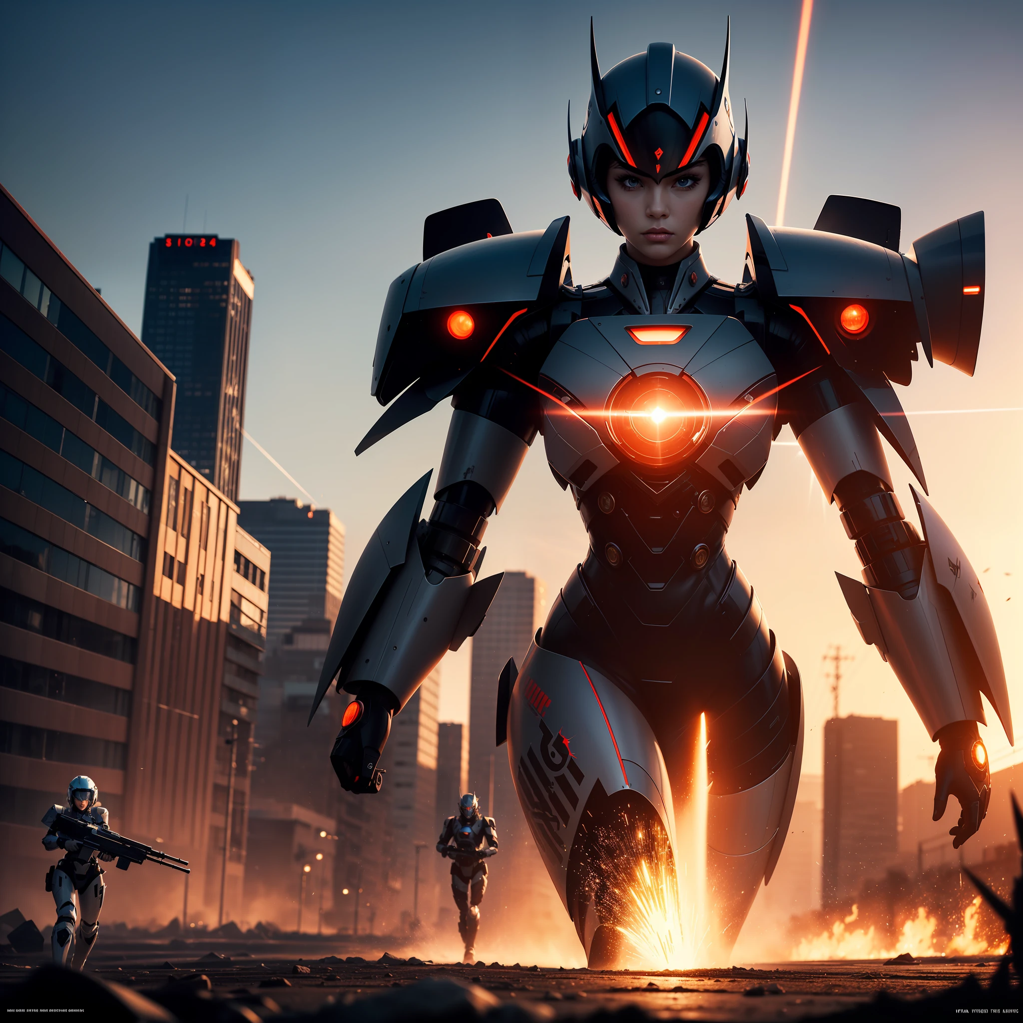 mecha woman warrior (Masterpiece 1.5, intense details), wearing mecha armor intense details (Masterpiece 1.5, intense details), visible head, blond hair, shooting gun, at city (Masterpiece 1.5, intense details), in a future urban setting (Masterpiece 1.5, intense details), red hair, mohawk, beret, angry, Futurism (Masterpiece 1.5, intense details), modern, Op art, Realism (Masterpiece 1.5, intense details), Action painting, motion blur, sparkle, glowing light, ray tracing, silhouette, wide shot, panorama, Ultra-Wide Angle, award winning, best quality, HD, 4K, high details