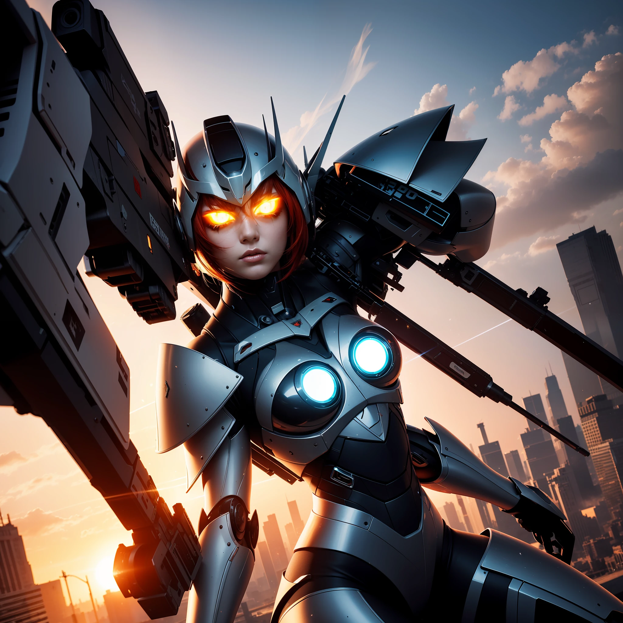 mecha woman warrior (Masterpiece 1.5, intense details), wearing mecha armor intense details (Masterpiece 1.5, intense details), visible head, blond hair, shooting gun, at city (Masterpiece 1.5, intense details), in a future urban setting (Masterpiece 1.5, intense details), red hair, mohawk, beret, angry, Futurism (Masterpiece 1.5, intense details), modern, Op art, Realism (Masterpiece 1.5, intense details), Action painting, motion blur, sparkle, glowing light, ray tracing, silhouette, wide shot, panorama, Ultra-Wide Angle, award winning, best quality, HD, 4K, high details