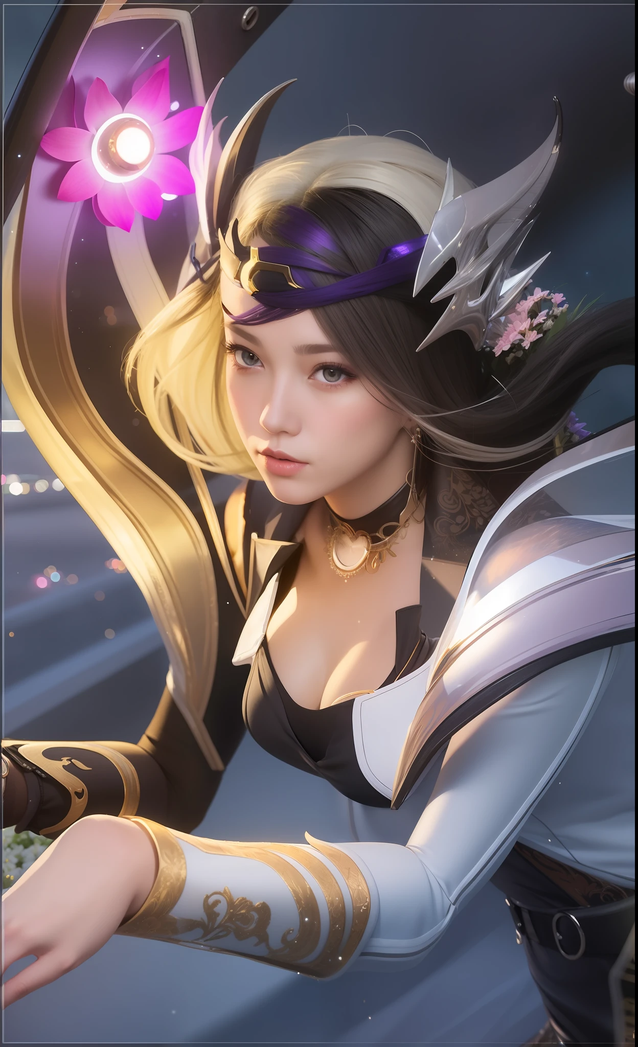 realistic, 1girl, white hair, purple eyes, glowing eyes, crop top, skirt, parted lips, blush, night, flowers, sun, sunlight,