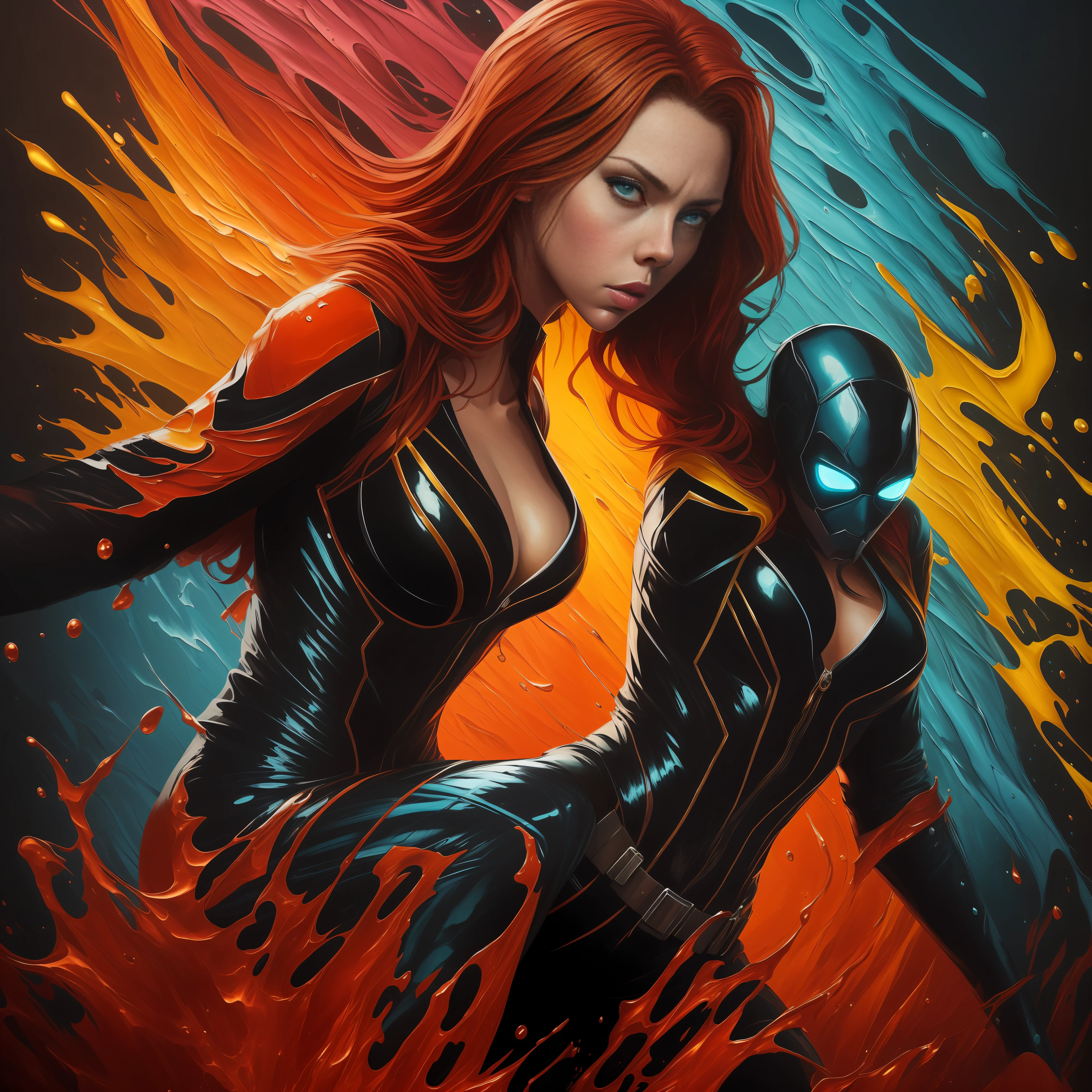 Splash Art, beautiful scarlett johansson as black widow in black latex bodysuit edged with bioluminescent red and gold, Surreal, Epic, Artstation, Colorful Paint Splash Style, Splash Swirling Dripping Melting, Contour, Hyperdetailed Intricately Detail, Fantasy, Unreal Engine, Fantastical , Intricate Detail, Splash Screen, Complementary Colors, Fantasy Concept Art, 8k Resolution, Deviantart Masterpiece, Oil Painting, Heavy Strokes, Paint Drips, Splash Arts, Neon Ambience