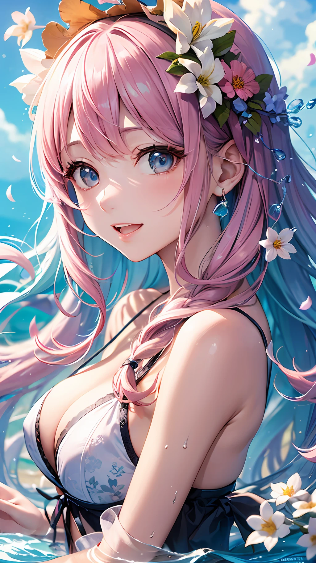 Highresolution、Ultra-detail、(((2D)))、Japan persons、1girls、16-year-old high school girl、((Pink hair))、Complex and beautiful braided hairstyle、Cute swimsuit、Designer、(Bobbed hair)、blunt bangs、Fine and detailed eyes、Golden Ratio Face、8th class、sunlight、Complex iridescent light grains、Complex light reflection、Beautiful petal shower、Background blue sky、transparency、Hidden beauty、Sorrisos、Depiction with depth、Um corpo inteiro、Full of energy、Watching the viewer、Fantastic depiction、Complex attractions、Kindness that overflows from within、Water splashes、Less skin exposure、Dynamism、Carefully drawn fingers、Many flowers are drawn、Soft skin、Ribbon Hair Band、Aqua Effects