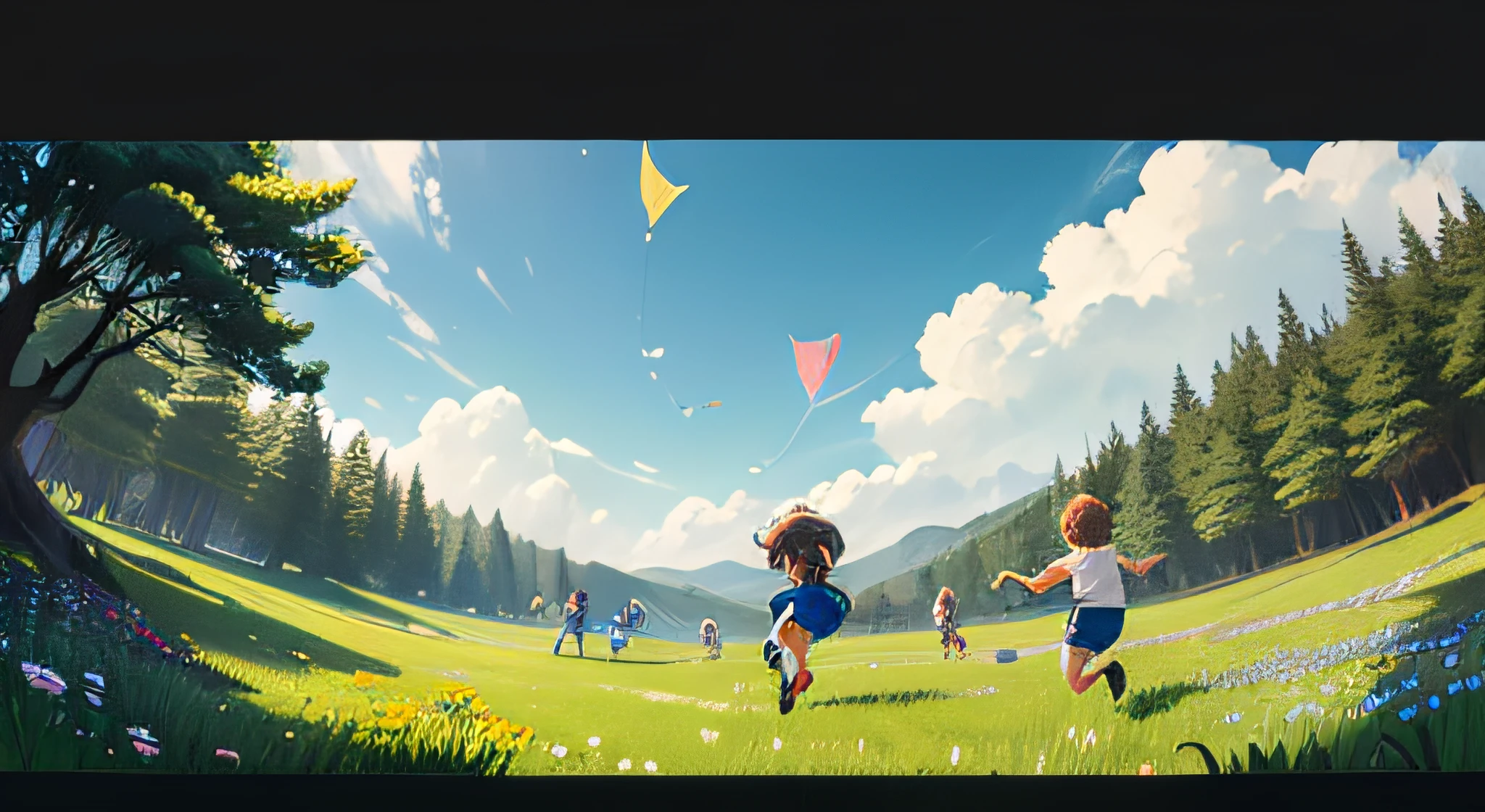 Low angle，Horizontal version，Heads-up，Close-up with flowers and plants，There are trees in the distance of the meadow。Three children running on the grass, playing and flying kites，White clouds with 618 fonts on the blue sky，The white cloud has the shape of a fish，Flat illustration style。 --auto