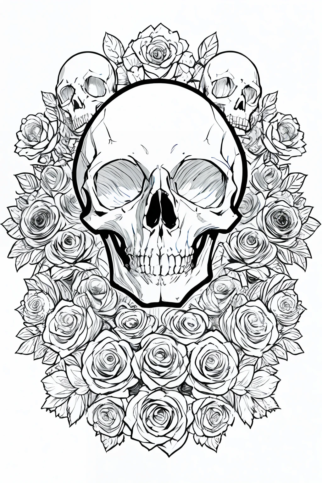 Skull,Holding roses,White background, Monochrome, Line drawings,