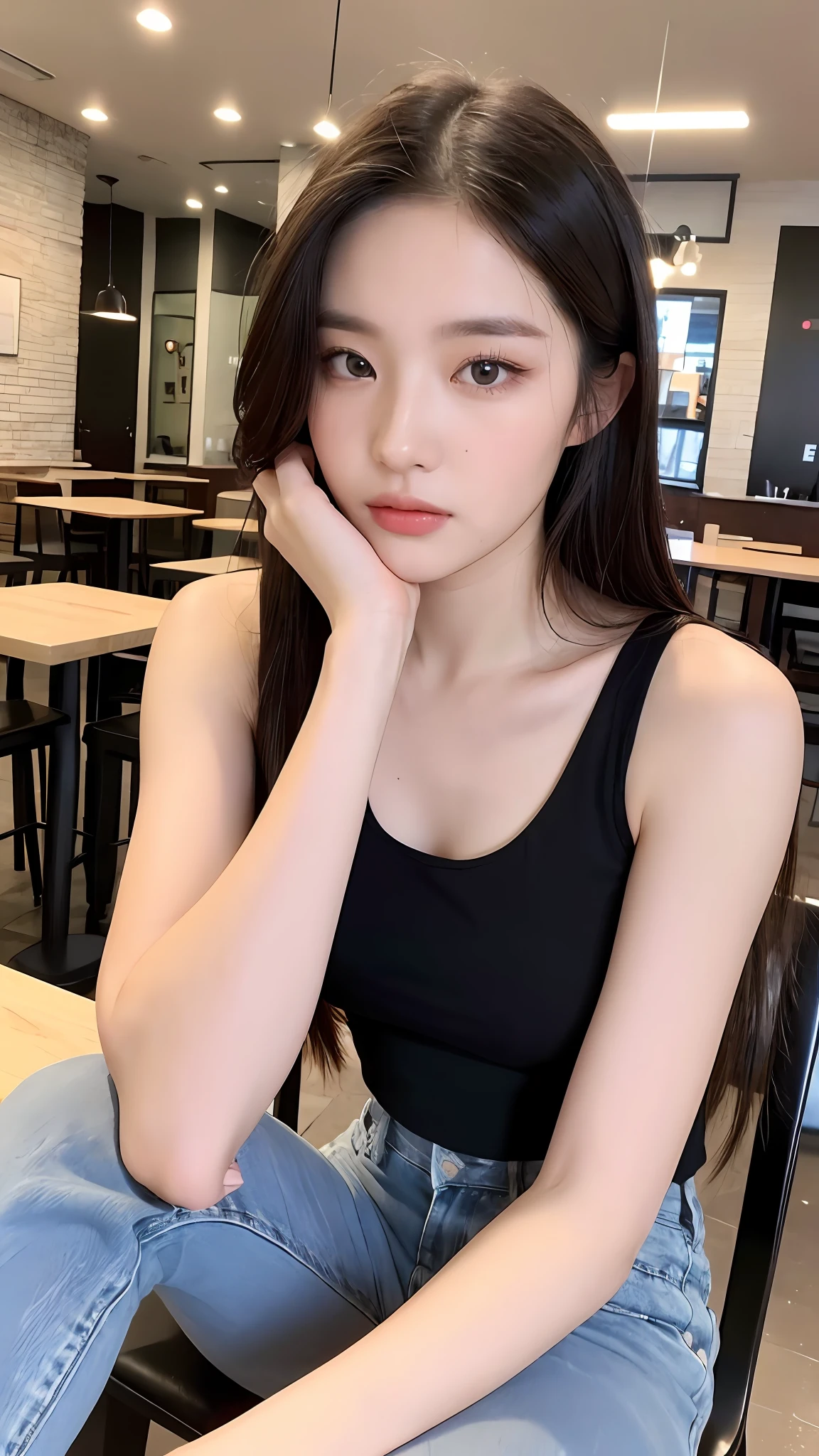 (Lifelike, high resolutions:1.3), 1 girl with a perfect body, Super fine face and eyes,slong hair, Tank top of random colors:1.2, short jeans, In the café, Coffee on the table, ((Best quality, 8K, Masterpiece :1.3)), Highly detailed facial and skin texture, detailed eye, Double eyelid,