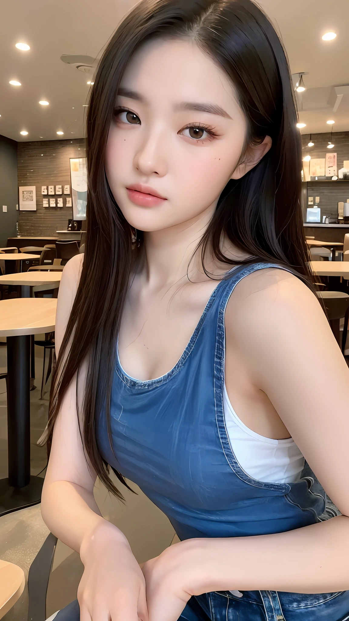 (Lifelike, high resolutions:1.3), 1 girl with a perfect body, Super fine face and eyes,slong hair, Tank top of random colors:1.2, short jeans, In the café, Coffee on the table, ((Best quality, 8K, Masterpiece :1.3)), Highly detailed facial and skin texture, detailed eye, Double eyelid,
