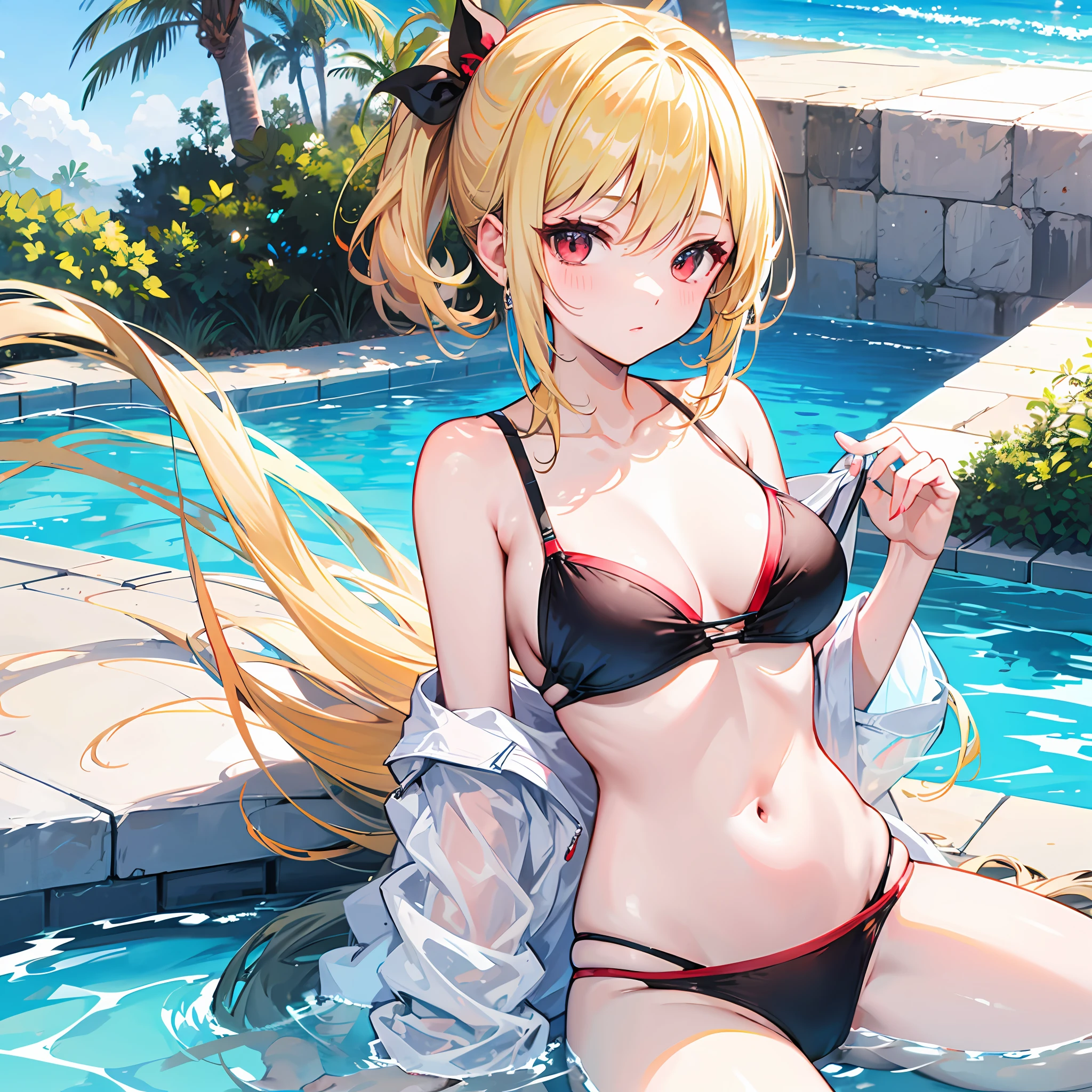 One blonde girl、red-eyed、Black Bikini、pool side