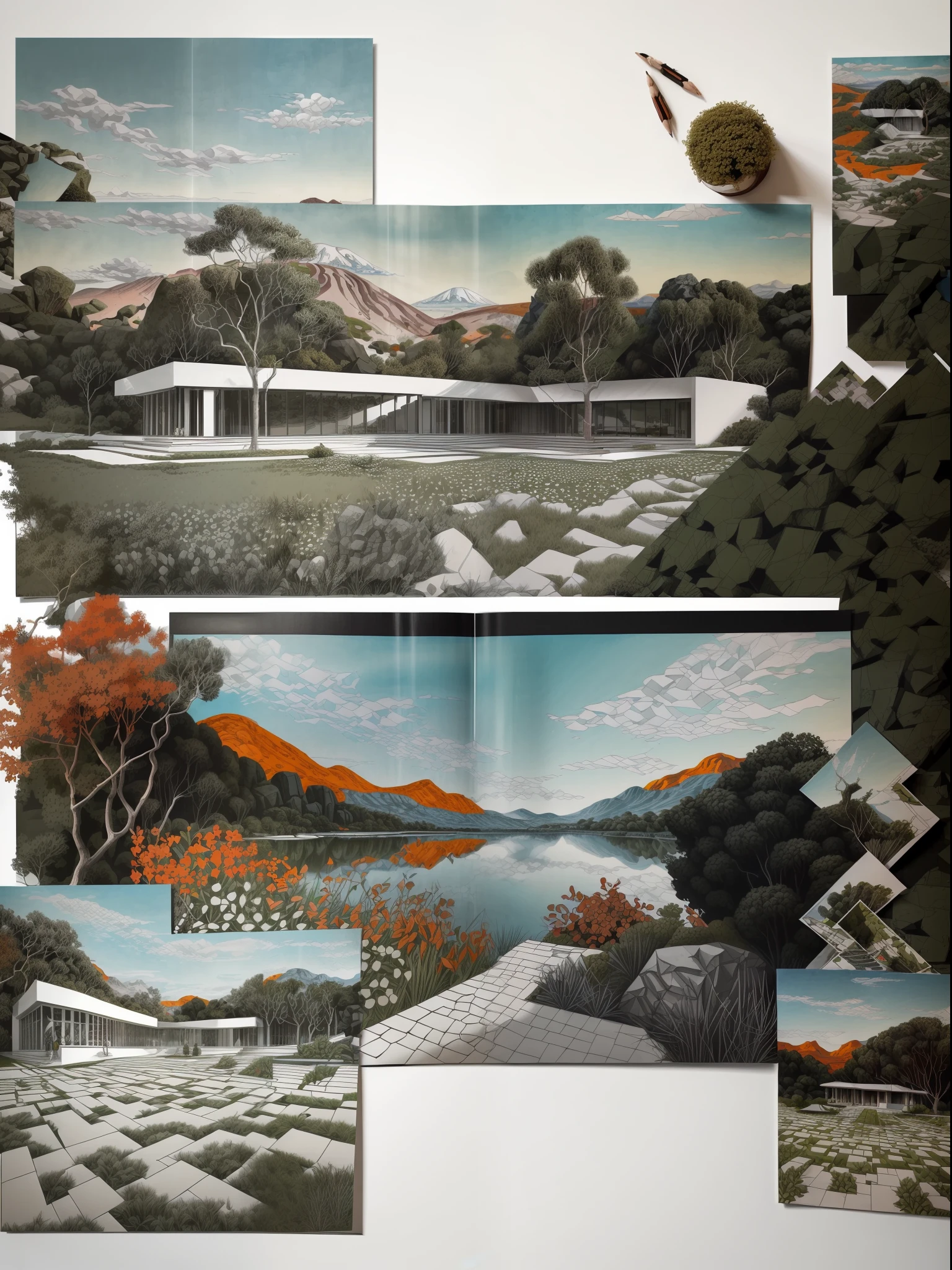 ((masterpiece, best quality)),illustration,ultra detailed 8k. (((An illustration of a build designed by Mies van der Rohe))), with a desertic vegetation garden, big rocks, lake,volcano in horizon, smooth clouds, (((illustration collage format))), M. C. Escher's art style, (((multiple sections))), (orange, blue, olive green, grey, black and white)