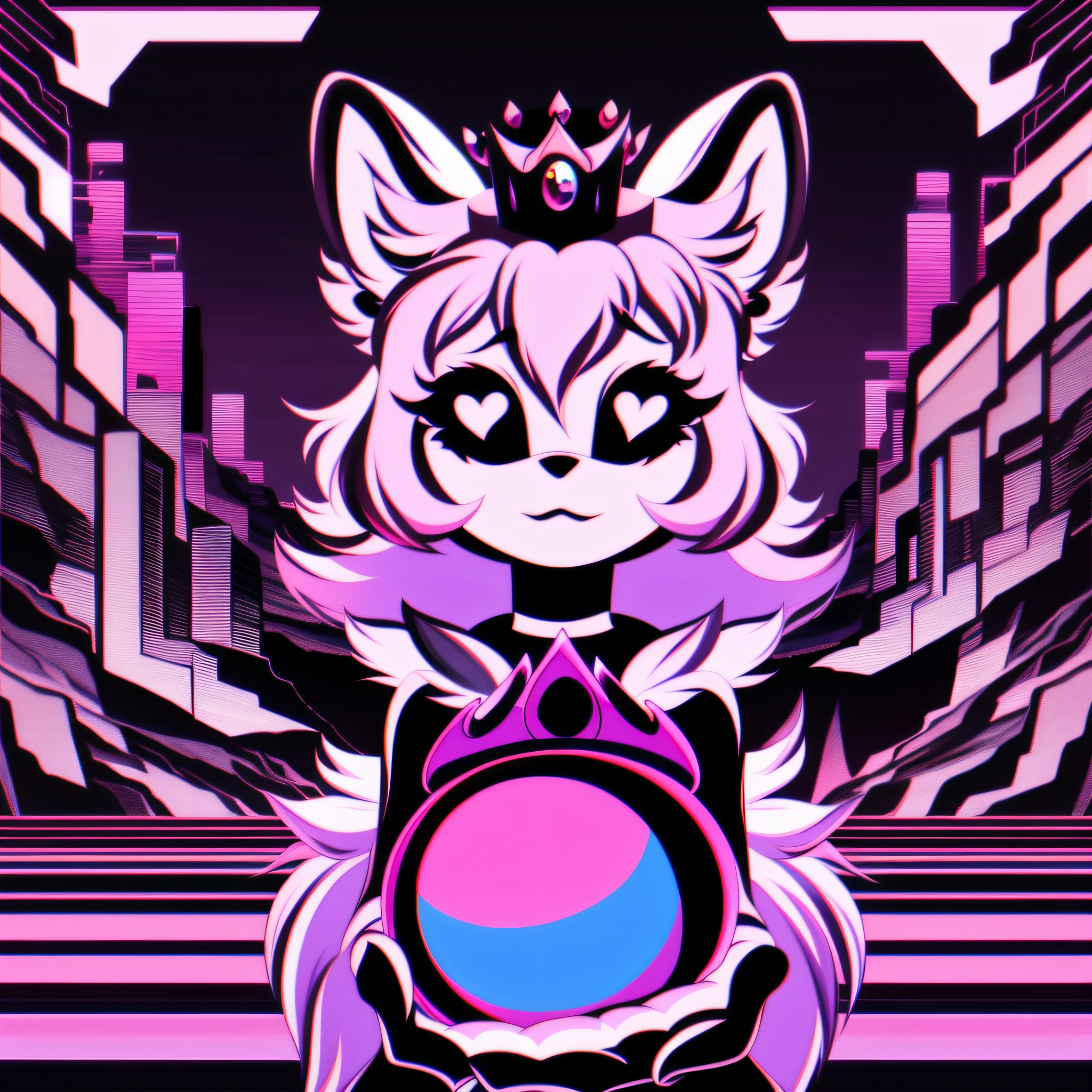 Fluffy cute ball that is a princess creature, violet fluff, princess crown, masterpiece, best quality, ((In Synthwave Aesthetic style))