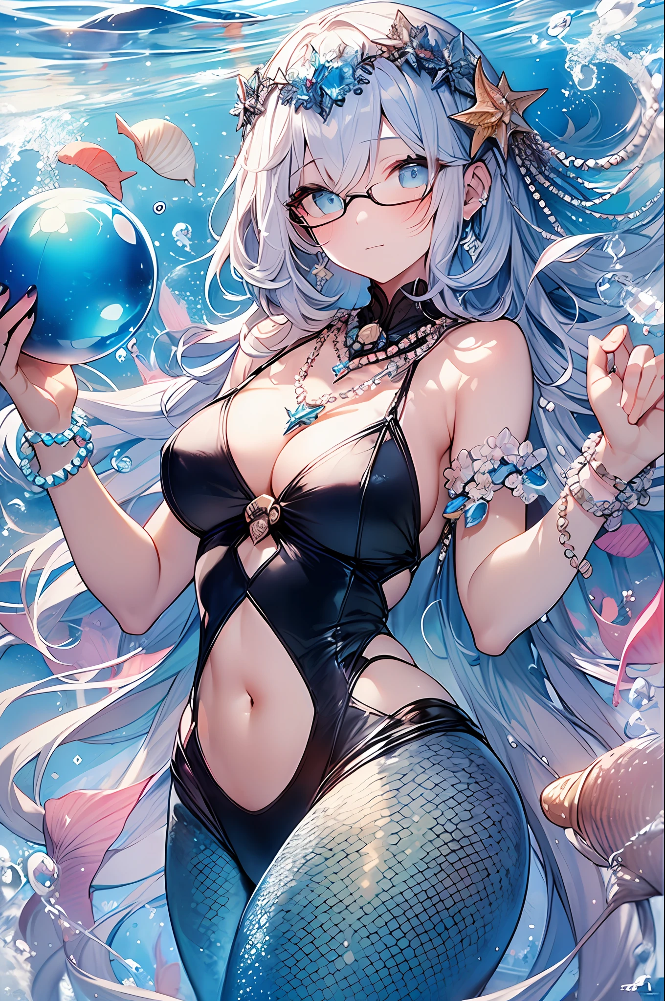 (((Insanely detailed))),((masterpiece、best qualiy、Watercolor art(Pendants)、offical art、Beautiful and aesthetic:1.2))、(the golden ratio:1.2)、(Full body:1.2)、(Ultra-detail:1.3)、(1girls:1.3)、(Fractal Art:1.3)、Full body、((Glitter pupils))、patterns、((Iridescent hair、Colorful hair、Half light blue and half pink hair:1.2))、Colorful、writing、(Heterochromia)、(Colorful:1.5)、((Seashell swimsuit))、((Shy face))、((Seashell Bikini))、(Standing)、(hyper detailed), ((Delicate details)), (intricate detail), ((Cinematic light, best quality Backlights)), High Contrast, ((Best lighting, anextremelydelicateandbeautiful)), ((Cinematic light))、(Ray-traced reflections、sparkles)、((Shining aura))、((Shiny hair))、((super-detail))、((8K))、((Write))、Delicate beautiful face and eyes,Focus on the face, Deep sea background,masterpiece,Detailed splashes, Beautiful detail water、Feeling of shock、(Real:0.5)、Original 2 High Saturation、(Surrounded by colorful splashes and dots)、colorful bubble、Glasses、((mermaid))、((Holding a large pearl with both hands))、(Pearl Necklace)