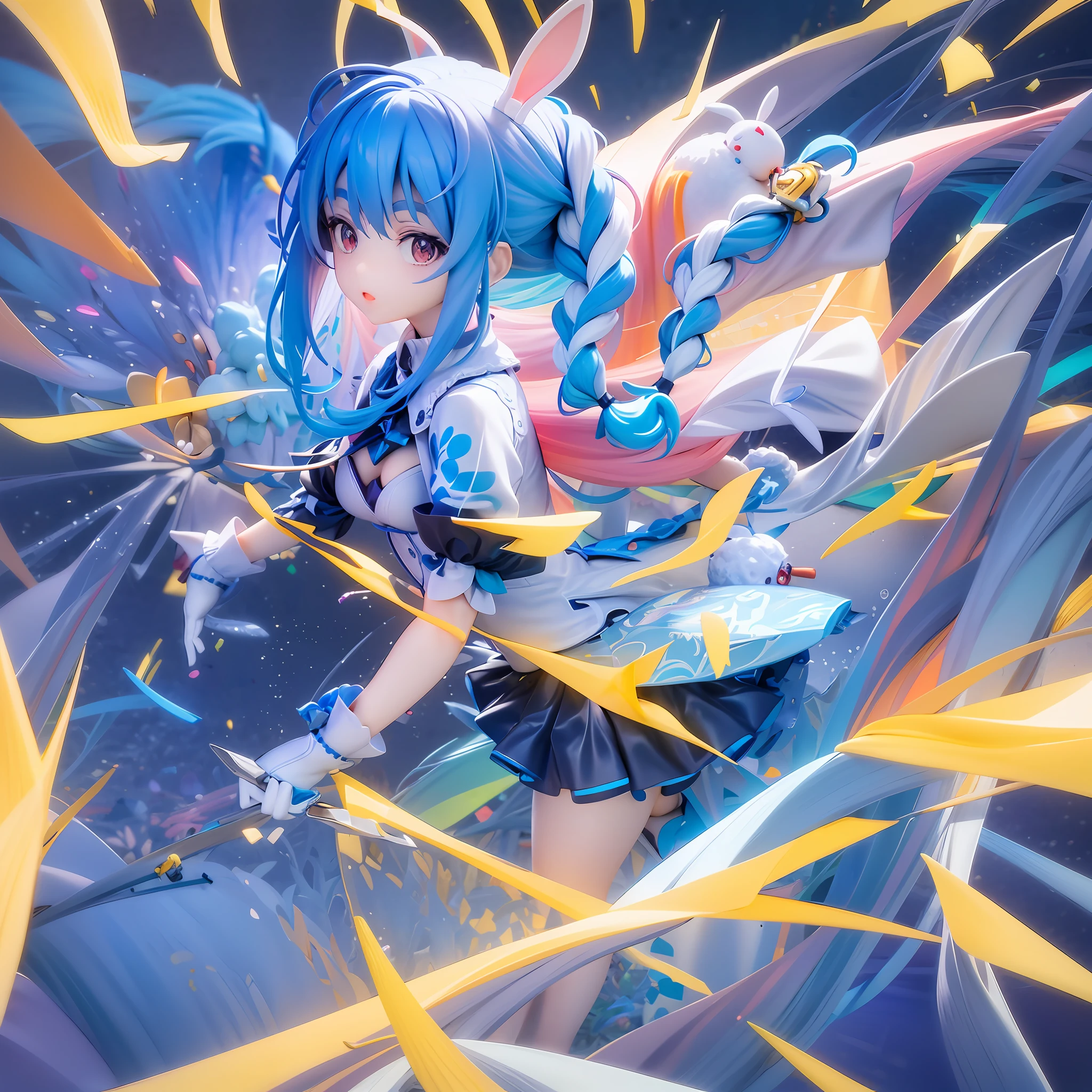 (人物: Usada Pekora), bunny girl, blue hair, twin braids, a girl, solo, {{masterpiece}}, best quality, extremely detailed CG unity 8k wallpaper, cinematic lighting, lens flare, beautiful detail eyes, side glance, colorful light, particles, (colorful:1.5), (colorful hair:1.5)