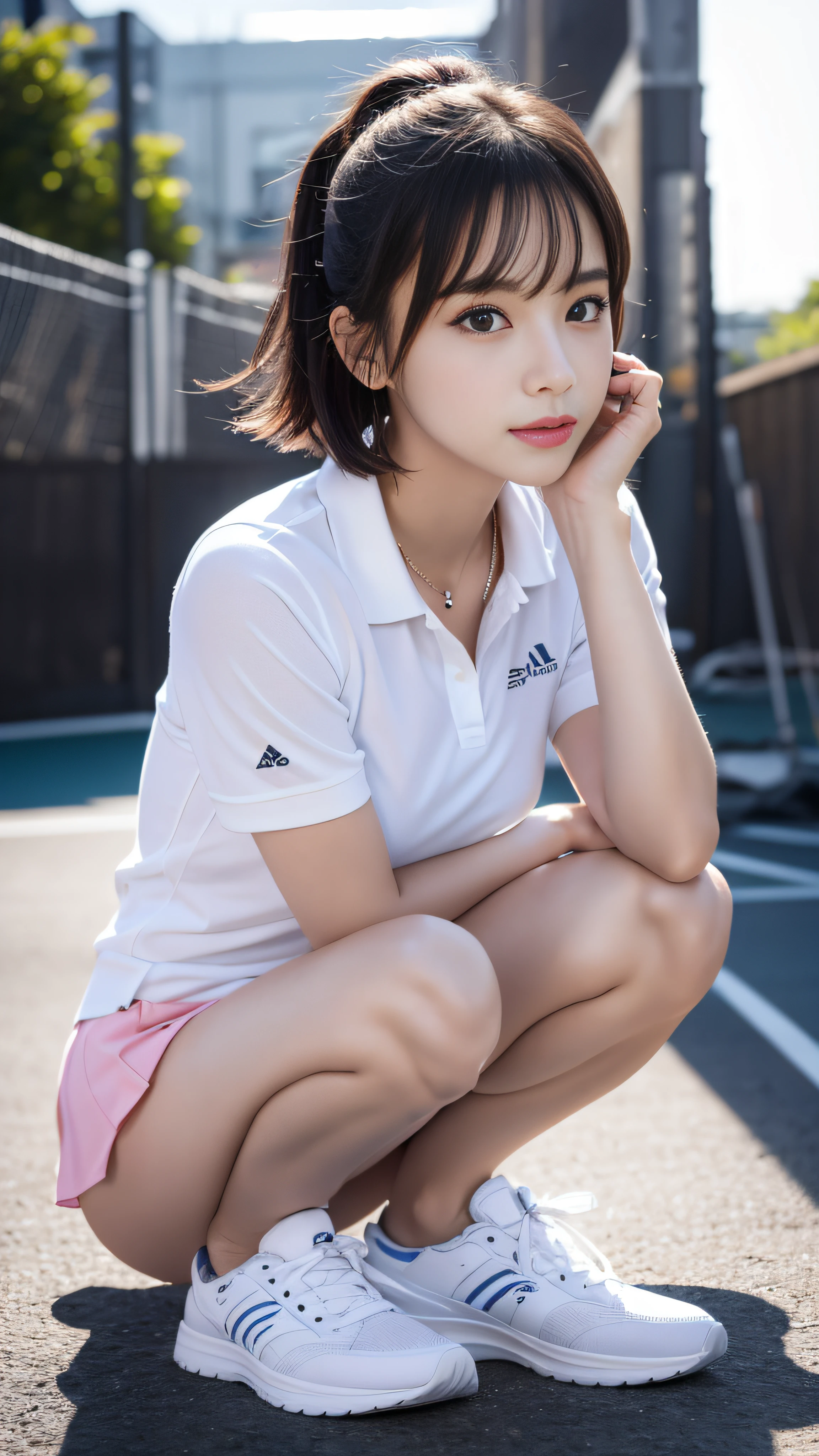 1 girl, solo, white polo shirt, white sneakers, pink tennis wear: 1.3, white mini skirt, masterpiece, top quality, realistic, hyper detail, (glossy skin, sweaty: 1.4), absurdity, camera gaze, short black hair, brown eyes, slender, dynamic lighting, high resolution, sharp focus, depth of field, detailed eyes, sharp eyes, realistic eyes, (big: 1.2), (Thick Thighs: 1.0), Outdoor, Sky, Korean Idol, Nogizaka Idol, Gravure Idol, Actress,