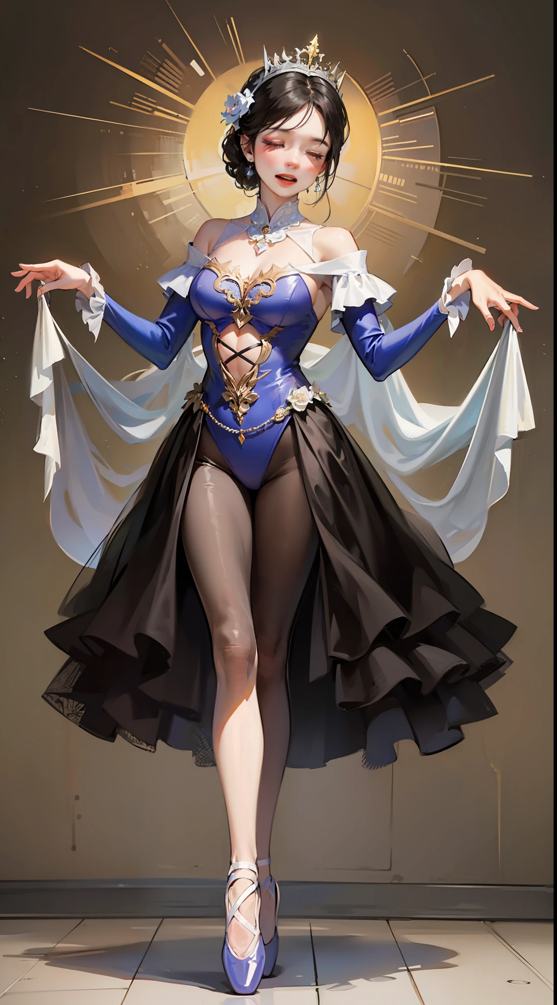 Adult female, short black hair, closed eyes, Theatrical mask, Rich ballerina clothes, ballet dance, Masterpiece, HighQuality