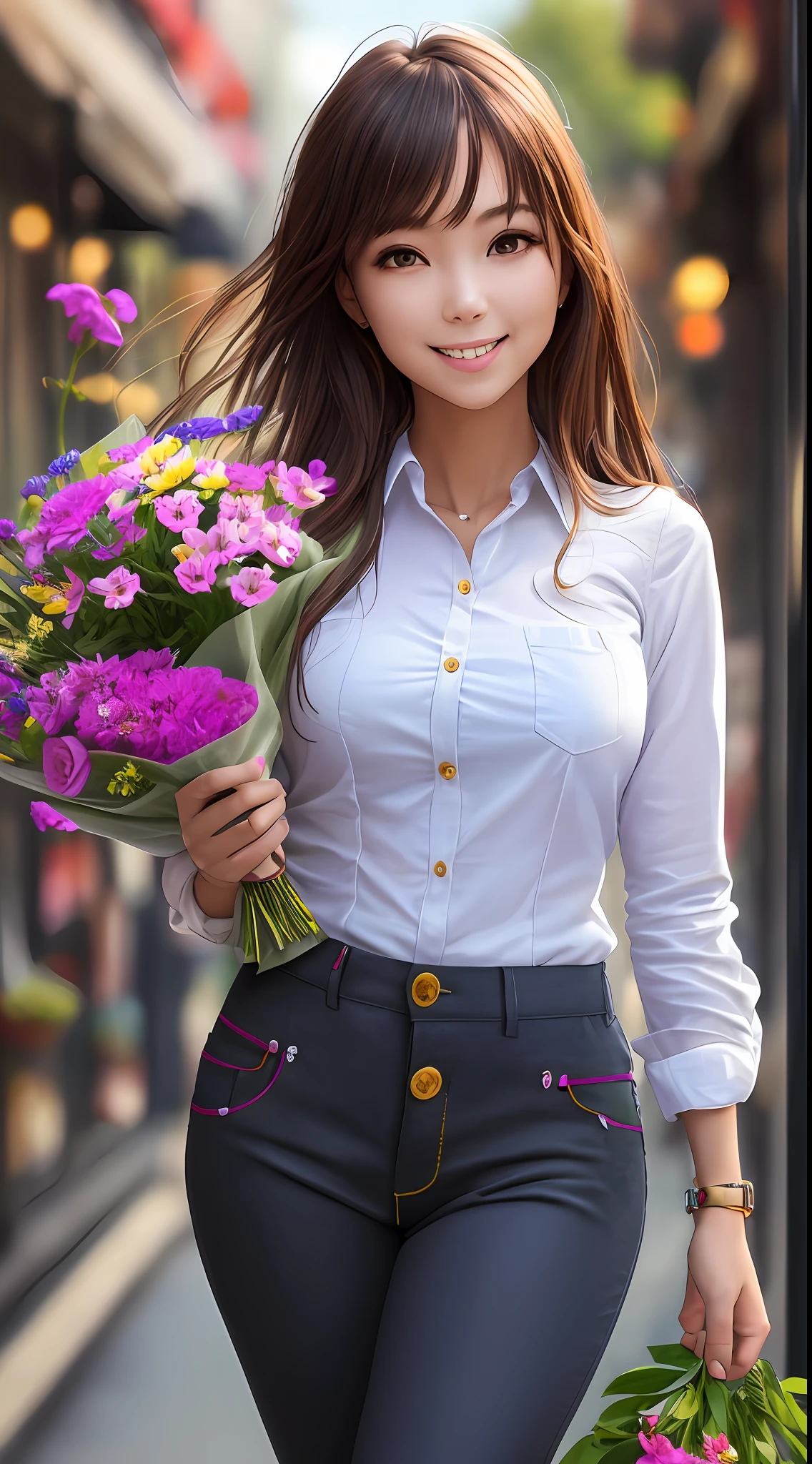 1girl, (best quality, masterpiece, ultra high resolution), (photorealistic:1.3), (realistic:1.3), depth of field,, (closed mouth), (light smile:1.2), (expressive hair:1.2), (floating hair:1.2), (skintight checkered shirt:1.2), (loose pants:1.2), (button:1.2), (upper body:1.2),busty, vivacious and seductive, (only one girl:1.2), (outdoors:1.2), (flower_shop:1.2), (flowers:1.2), (Holding flowers:1.2),(standing:1.2), (slender), (slender legs), (long legs:1.3), shiny skin, (facing viewer),