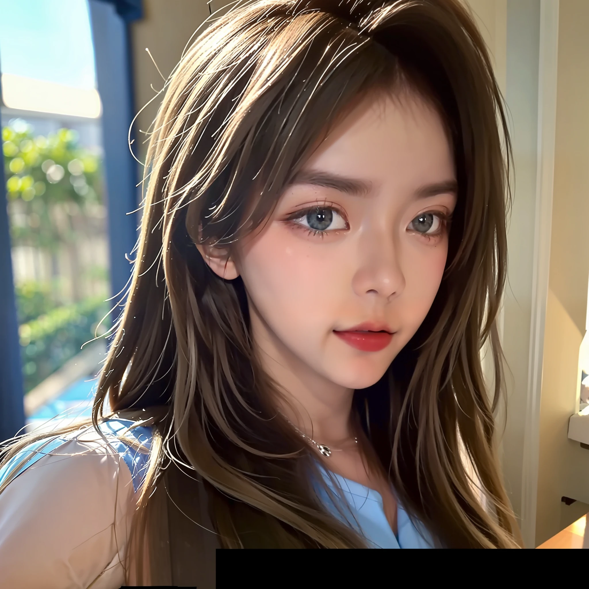8K, Best Quality, Masterpiece, Ultra High Resolution, (Realism: 1.4), Original Photo, (Realistic Skin Texture: 1.3), (Film Grain: 1.3), (Selfie Angle), 1 Girl, Beautiful Eyes and Face Details, Masterpiece, Best Quality, Close-up, Upper Body, Looking at the Viewer