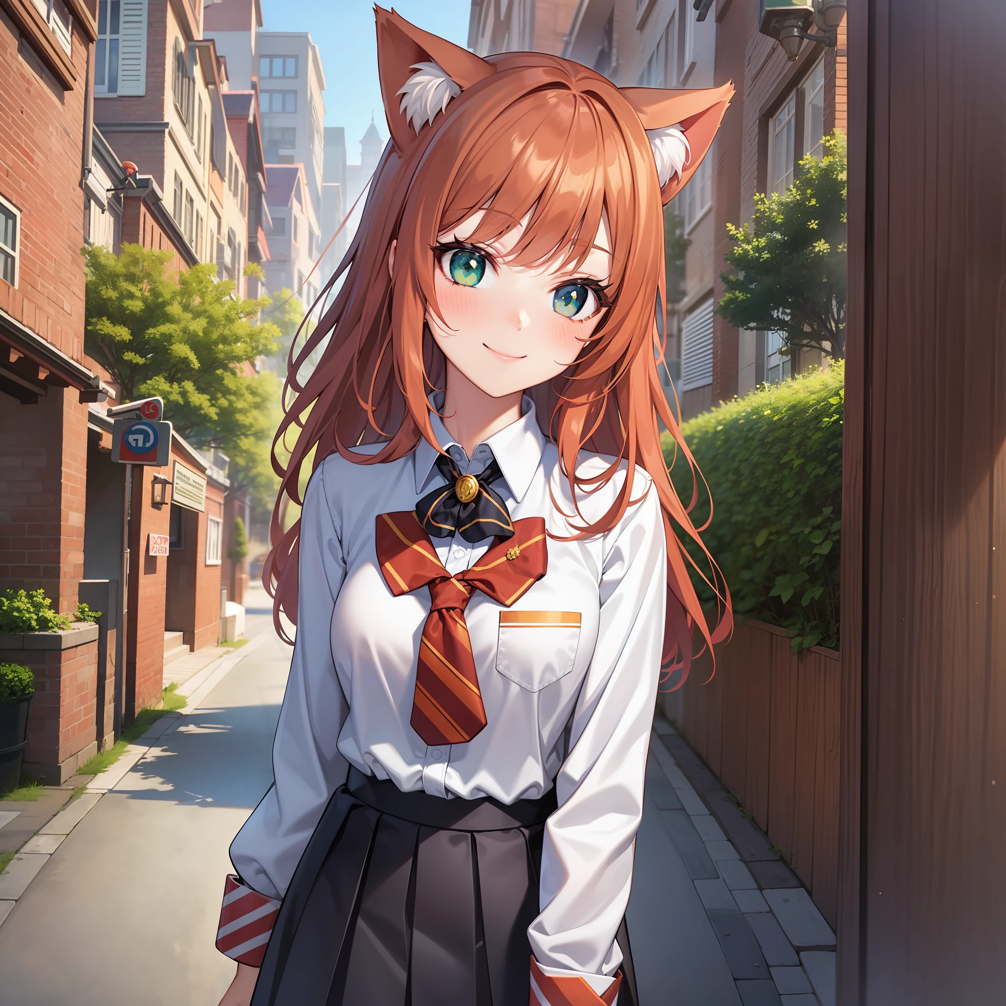 School uniform, standing, 1 girl, 8k, white shirt, black jacket, High Quality, look at the viewer, red striped white dress, wearing cat ears, orange hair, standing, smiling, blushing, black blazer