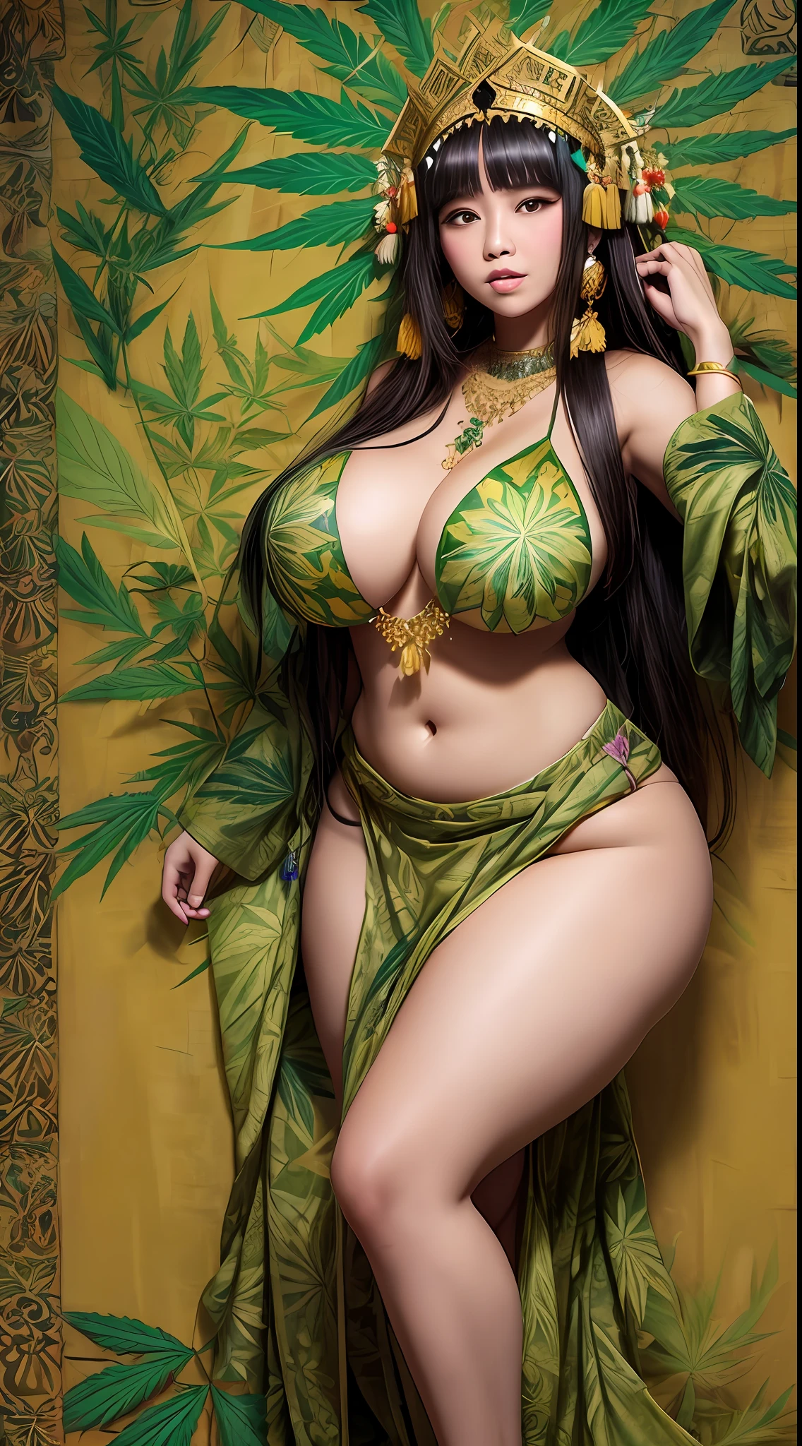 Wild Sundanese Indonesia, Sundanese Culture, Sundanese Art, Sundanese Style, Marijuana Goddess, exotics, full body shot, extreme tanned skin, extreme long black straight hair messes over naked boobs, huge batik green marijuana leaf headdress, big cheeks, long legs, curvy, thick, busty, indigenous gold and green batik breast painting, breast painted green and gold, indigenous gold and green batik facial painting, huge batik green marijuana leaf necklace, honey eyes