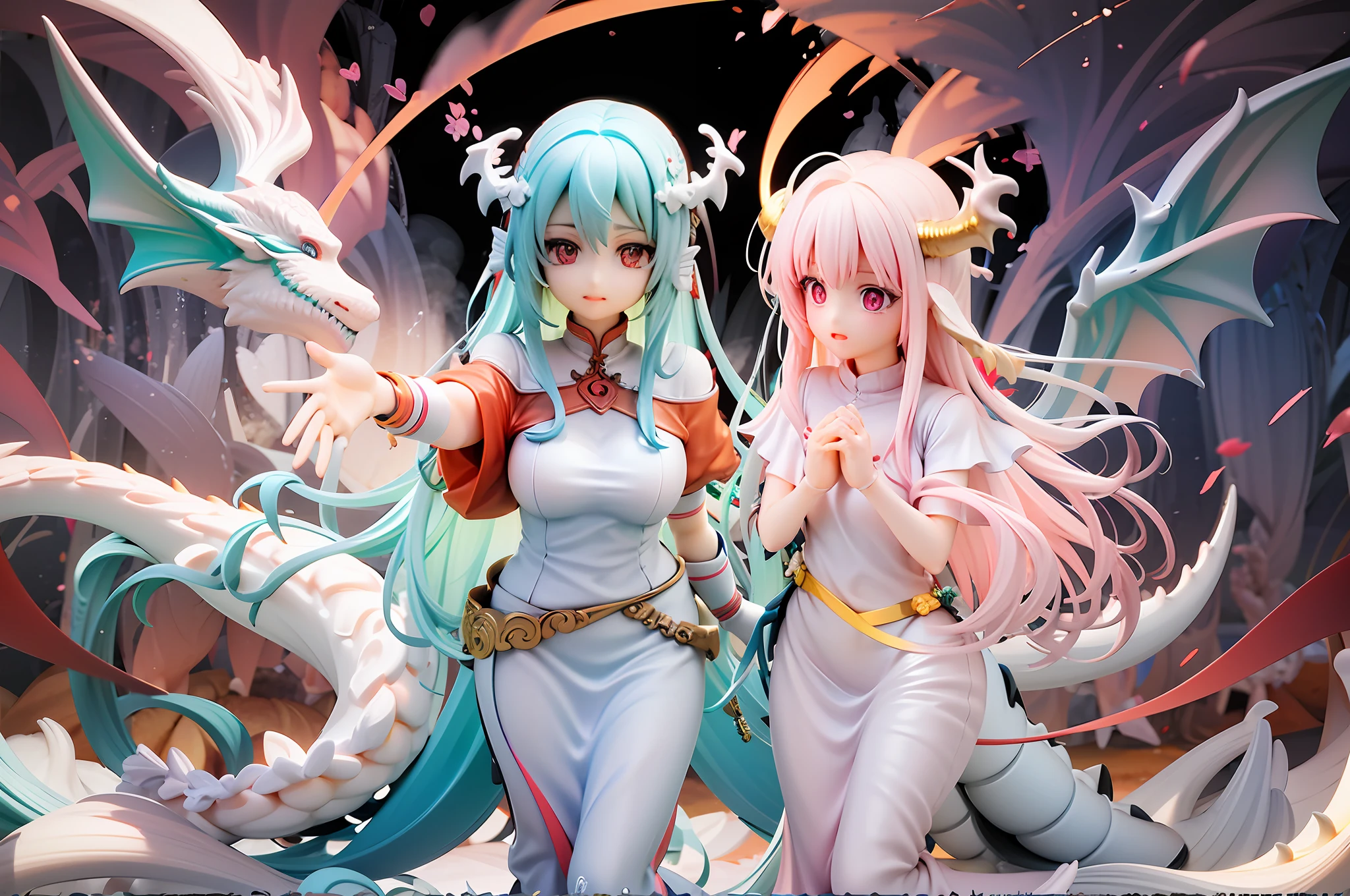 Two girls、Pastel colors、pale blue-green hair、Longhaire、Light pink hair、Dragon wings grow、Sister with a white dragon tail、Anxious face、cuteface、Reaching out、Praying with folded hands、Beautiful red eyes、Dragon's horn、night、The god々Background