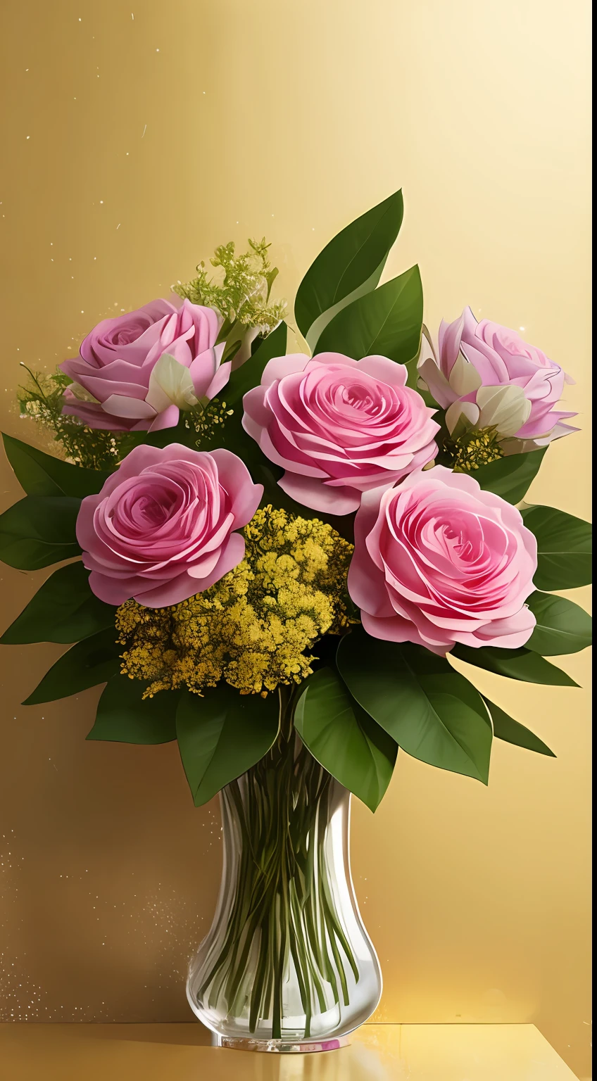An elegant arrangement of ornamental flowers in soft colors, encased in golden lacy paper and adorned with a luxurious bow. --ar 2:3 --s1000 --v5 --q2 --upbeta -a750