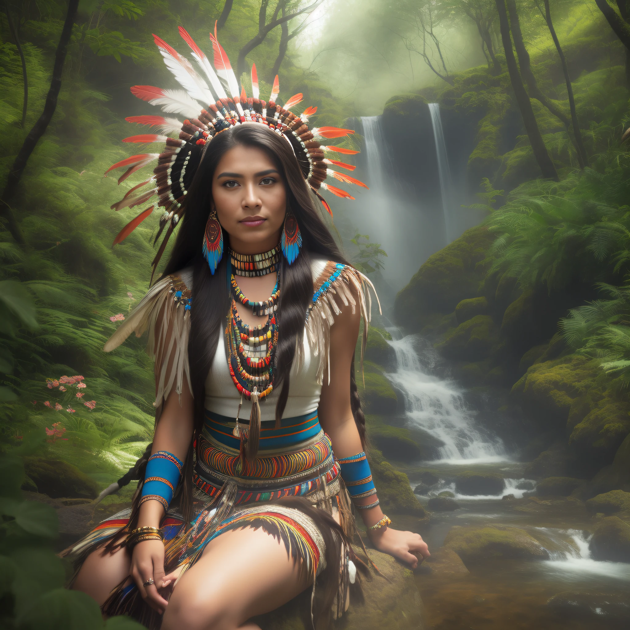 Arafed Mujer con manos perfectas, con vestido nativo sentada frente a una cascada, : native american shamen fantasy, Retrato de la princesa apache, Retrato de una joven Pocahontas, Retrato de Pocahontas, indio, beautiful young female shaman, Reina Apache, hermosa doncella, beautiful fantasy maiden, she is dressed in shaman clothes, beautiful young wind spirit, Pocahontas