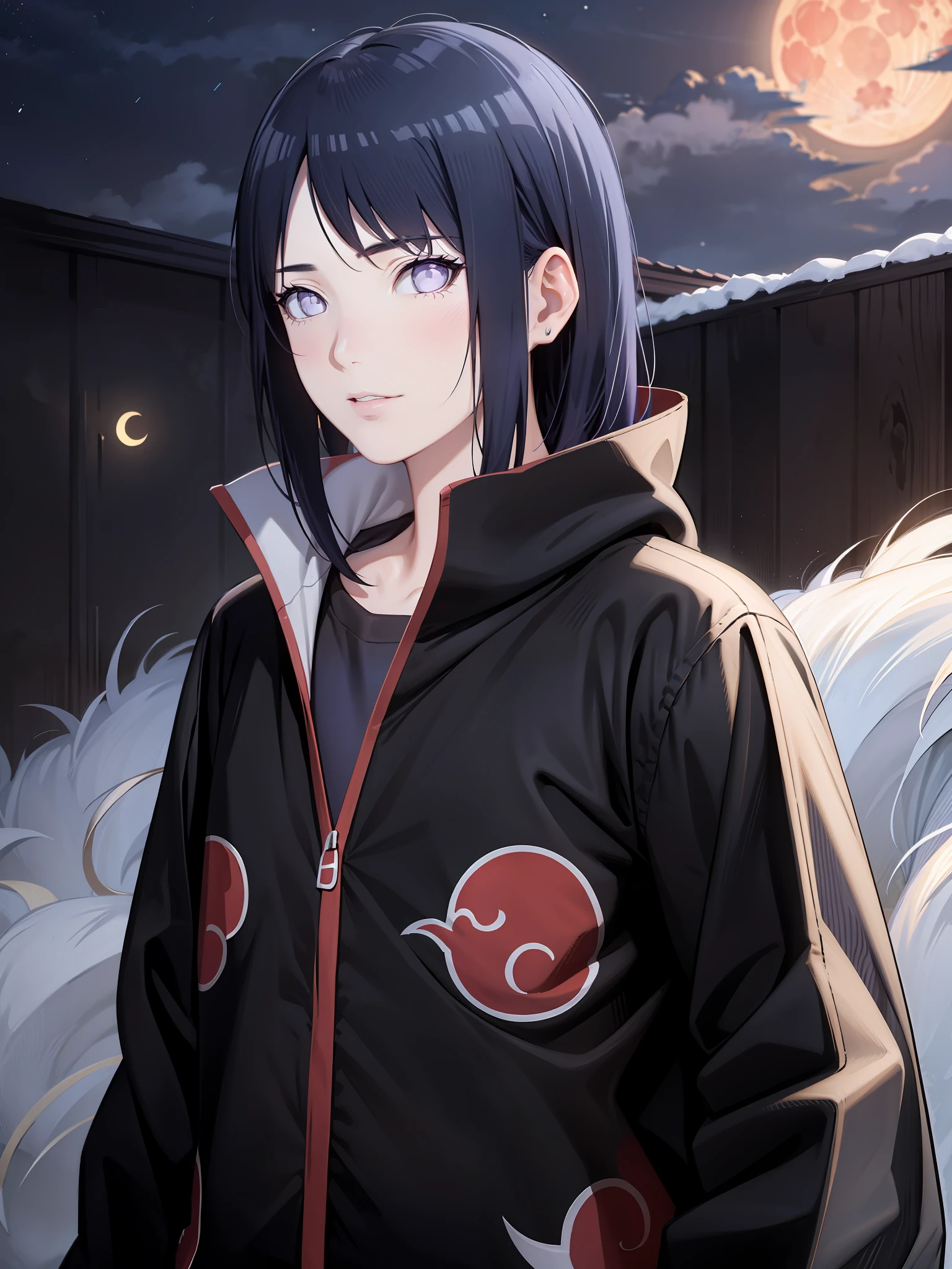 (masterpiece), (best quality), ultra high res, professional artwork, ultra detailed, intricate, detailed face, perfect lighting, 1girl, dark blue hair, (purple eyes), AKATSUKI OUTFIT, ninja, black cloak, black coat, high collar, collarbone, head, night, night sky, crescent moon, red moon, outdoors, (cowboy shot, far shot), blunt bangs, dark blue hair, long hair, cleavage