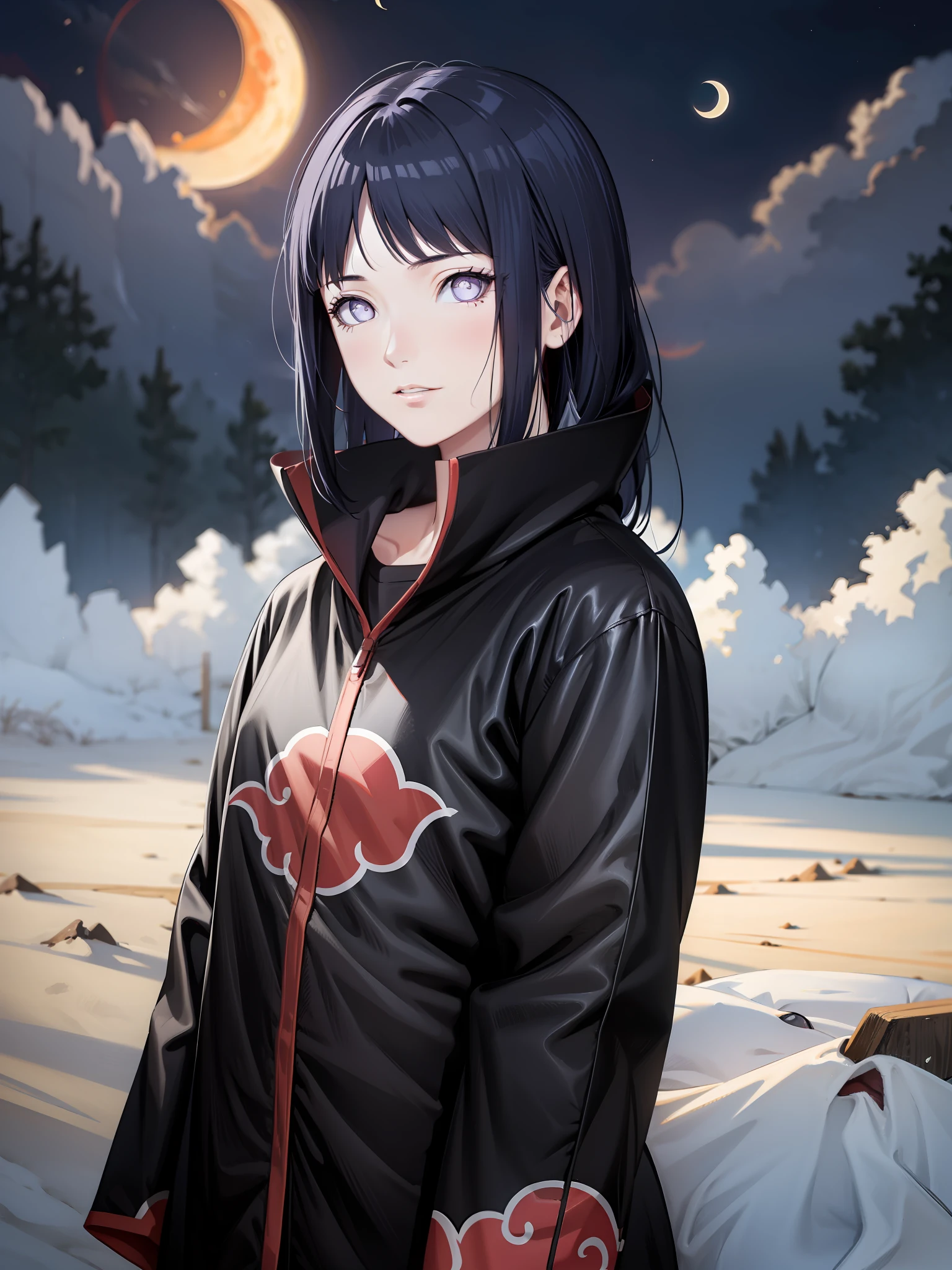 (masterpiece), (best quality), ultra high res, professional artwork, ultra detailed, intricate, detailed face, perfect lighting, 1girl, dark blue hair, (purple eyes), AKATSUKI OUTFIT, ninja, black cloak, black coat, high collar, collarbone, head, night, night sky, crescent moon, red moon, outdoors, (cowboy shot, far shot), blunt bangs, dark blue hair, long hair, cleavage