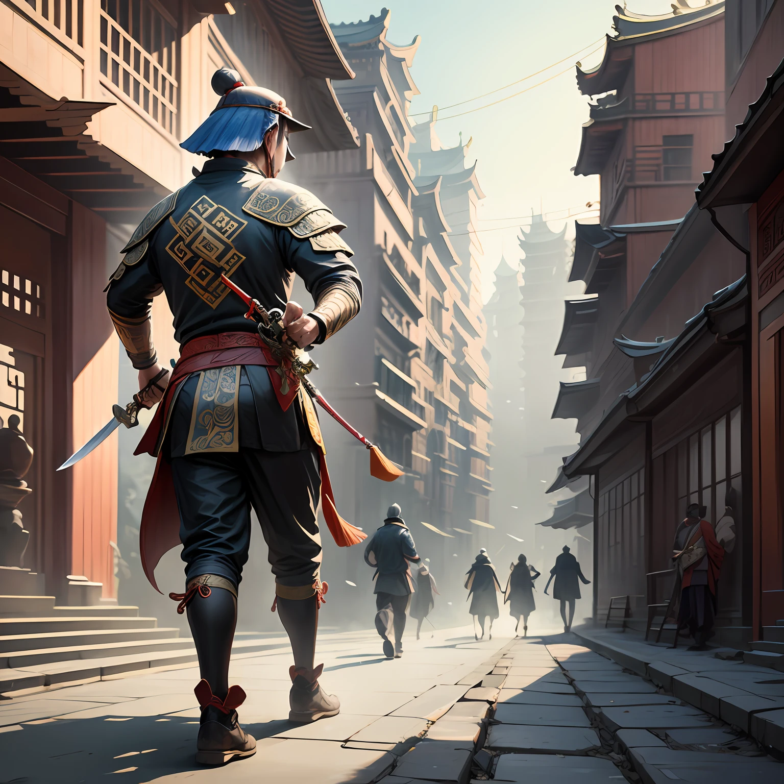 Tang Dynasty,China,Ancient Chinese architecture,Pedestrians on the road,The pedestrian holds a sword in his hand,Fight scenes