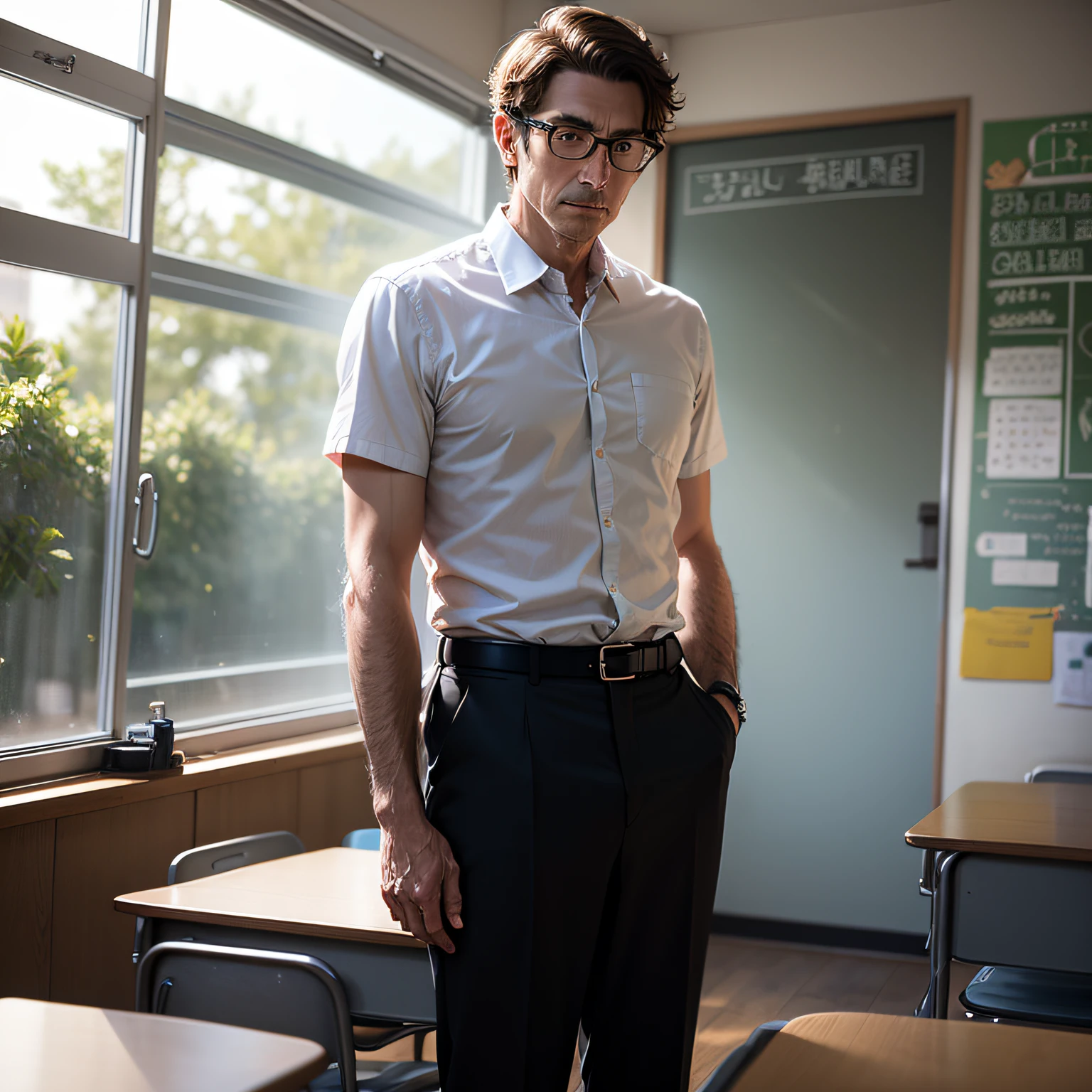 Mr. Man, the short-haired white teacher, standing. --auto