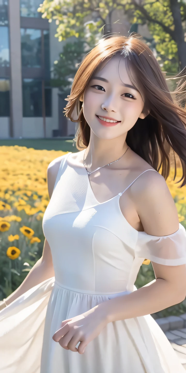 Excellent image quality，A stunning masterpiece，Ultra-high definition，Realistic picture，A girl，Admire the fields full of flowers，Wearing a gorgeous white dress，Beautiful shoulder shimmering，Charming and moving，Smile with pleasure。