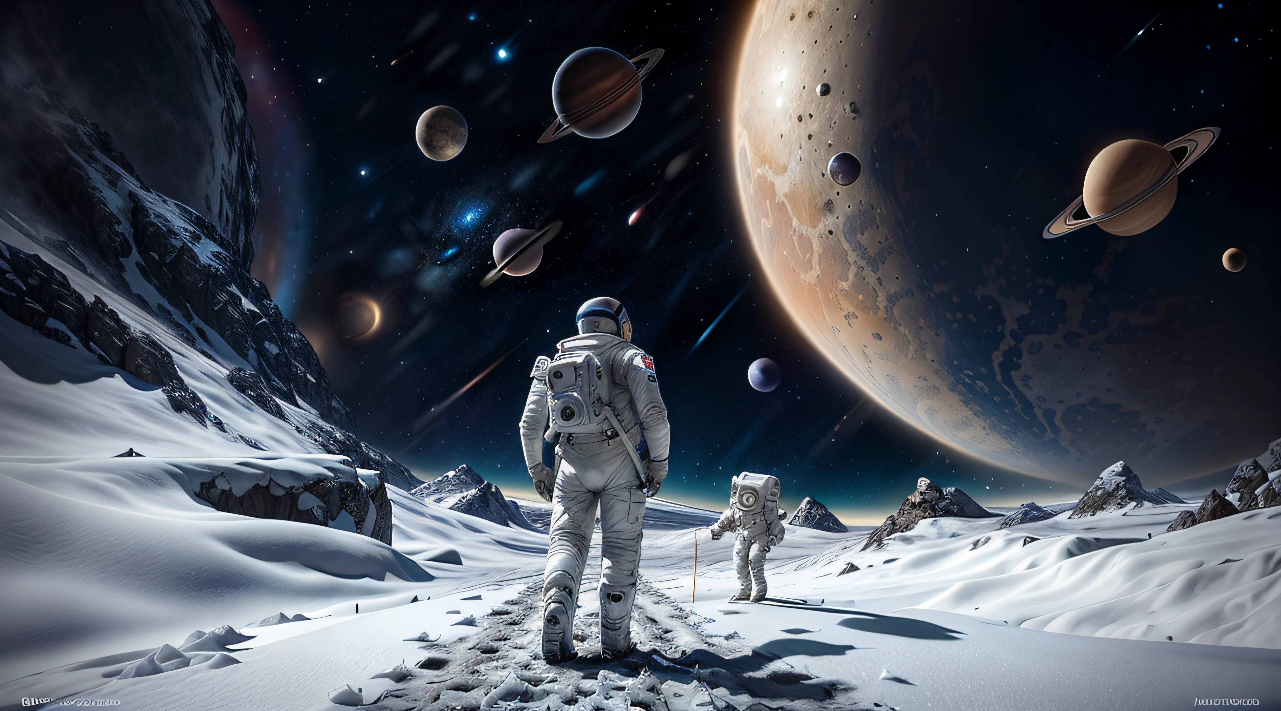 （There is only one giant planet in the sky with a star illusion:1.2）Astronauts walking on snowy surfaces，The background is planets, astronaut stranded on planet, astronaut walking, walking across ice planet, astronaut lost in liminal space, sci-fi space game art, epic fantasy sci fi illustration, space sci - fi, standing in the solar system, astronaut in space, space landscape, inspired by Scott Listfield, scene in space，alien planet，snowy mountains，noon，Big Sun，Orange spacesuit，An astronaut on horseback，Side to back，ice cubes，Bright ground，Dark sky，The planet of the rings，Real light and shadow，high resolutions，hyper detailed，Realistic texture，Bold textures，Crazy textures,