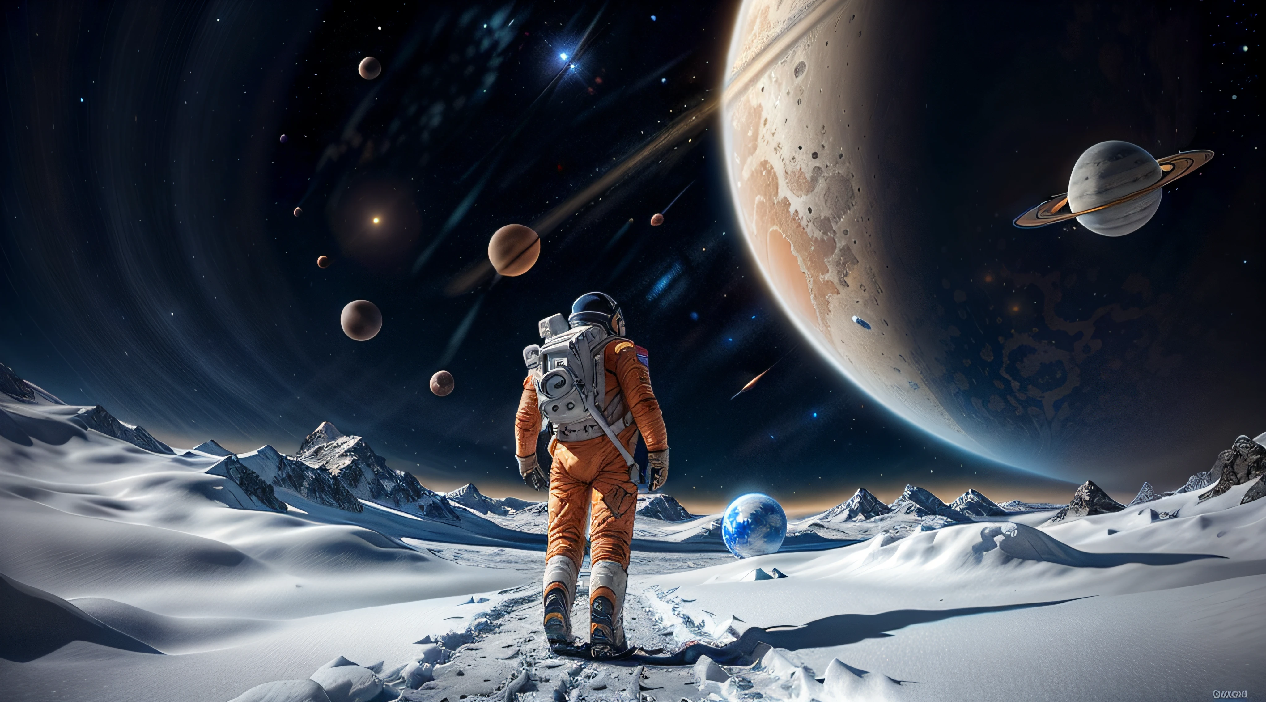 （There is only one giant planet in the sky with a star illusion:1.2）Astronauts walking on snowy surfaces，The background is planets, astronaut stranded on planet, astronaut walking, walking across ice planet, astronaut lost in liminal space, sci-fi space game art, epic fantasy sci fi illustration, space sci - fi, standing in the solar system, astronaut in space, space landscape, inspired by Scott Listfield, scene in space，alien planet，snowy mountains，noon，Big Sun，Orange spacesuit，An astronaut on horseback，Side to back，ice cubes，Bright ground，Dark sky，The planet of the rings，Real light and shadow，high resolutions，hyper detailed，Realistic texture，Bold textures，Crazy textures,